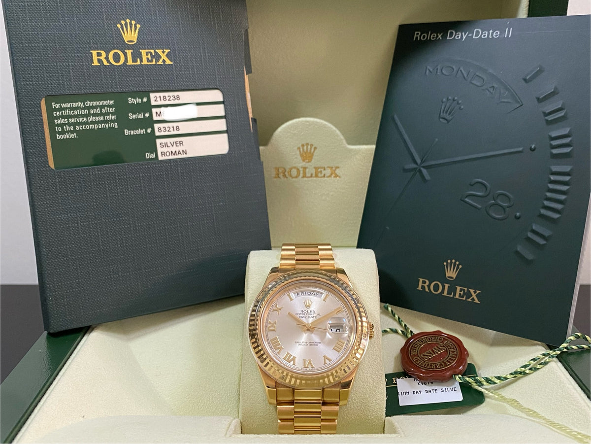 Rolex White Gold Day-Date II - M Serial - Fluted Bezel - Silver Roman Dial - President Bracelet - 218238