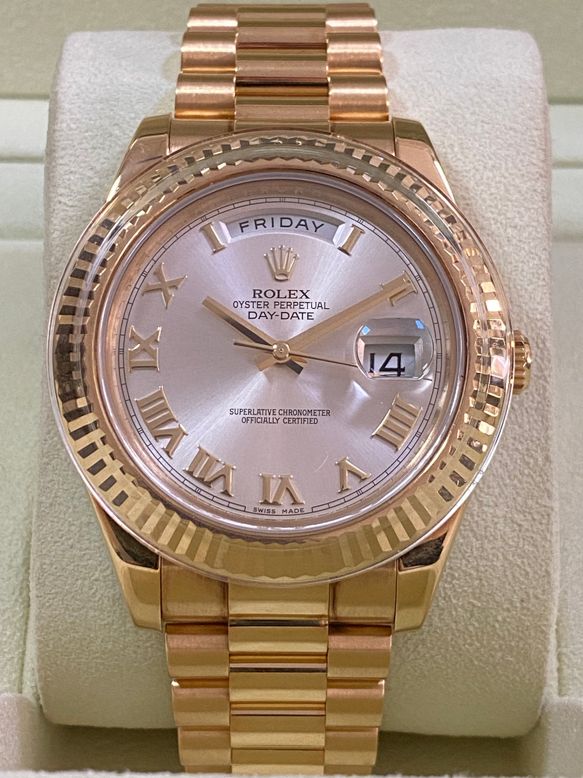 Rolex White Gold Day-Date II - M Serial - Fluted Bezel - Silver Roman Dial - President Bracelet - 218238