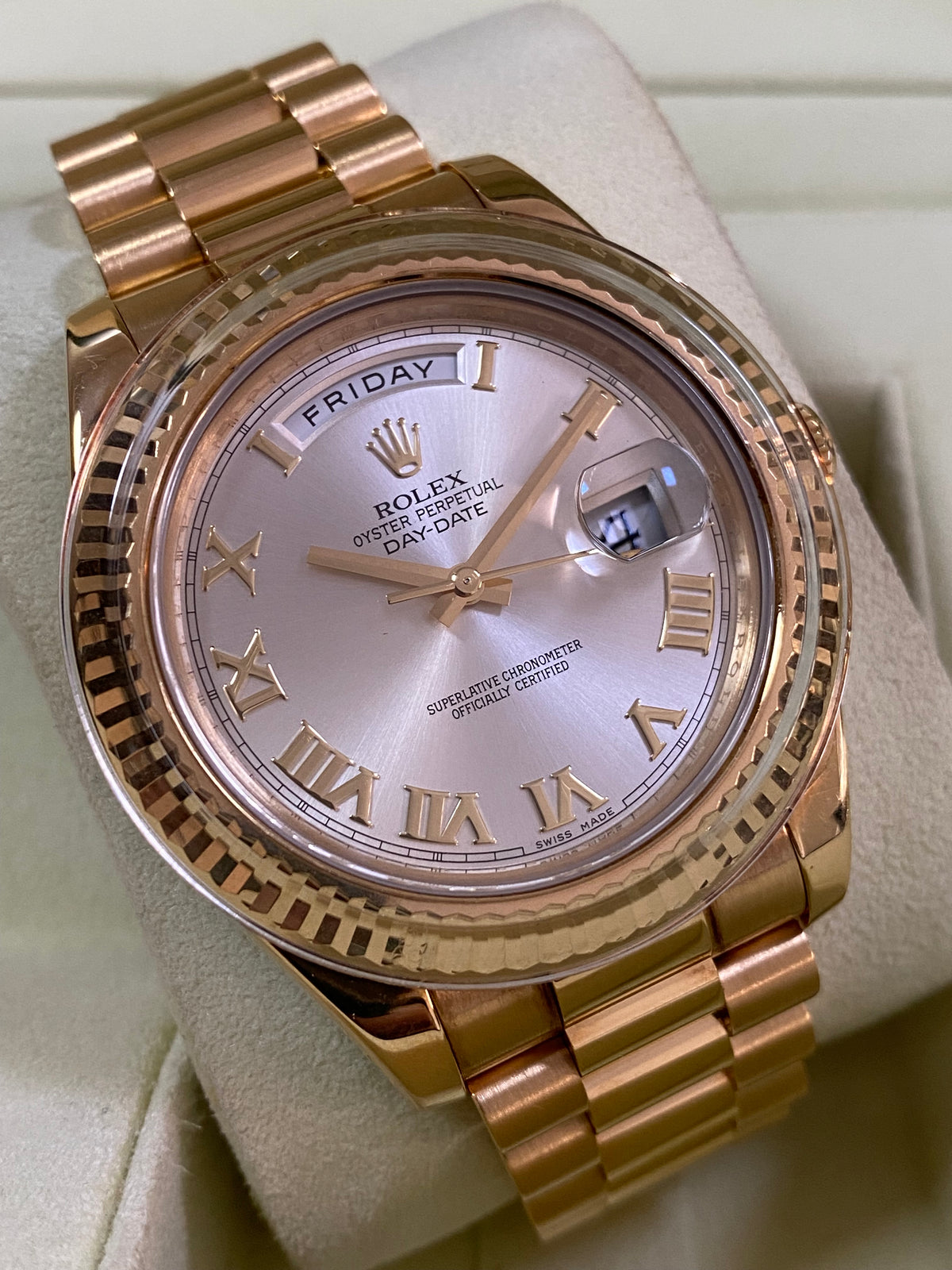 Rolex White Gold Day-Date II - M Serial - Fluted Bezel - Silver Roman Dial - President Bracelet - 218238