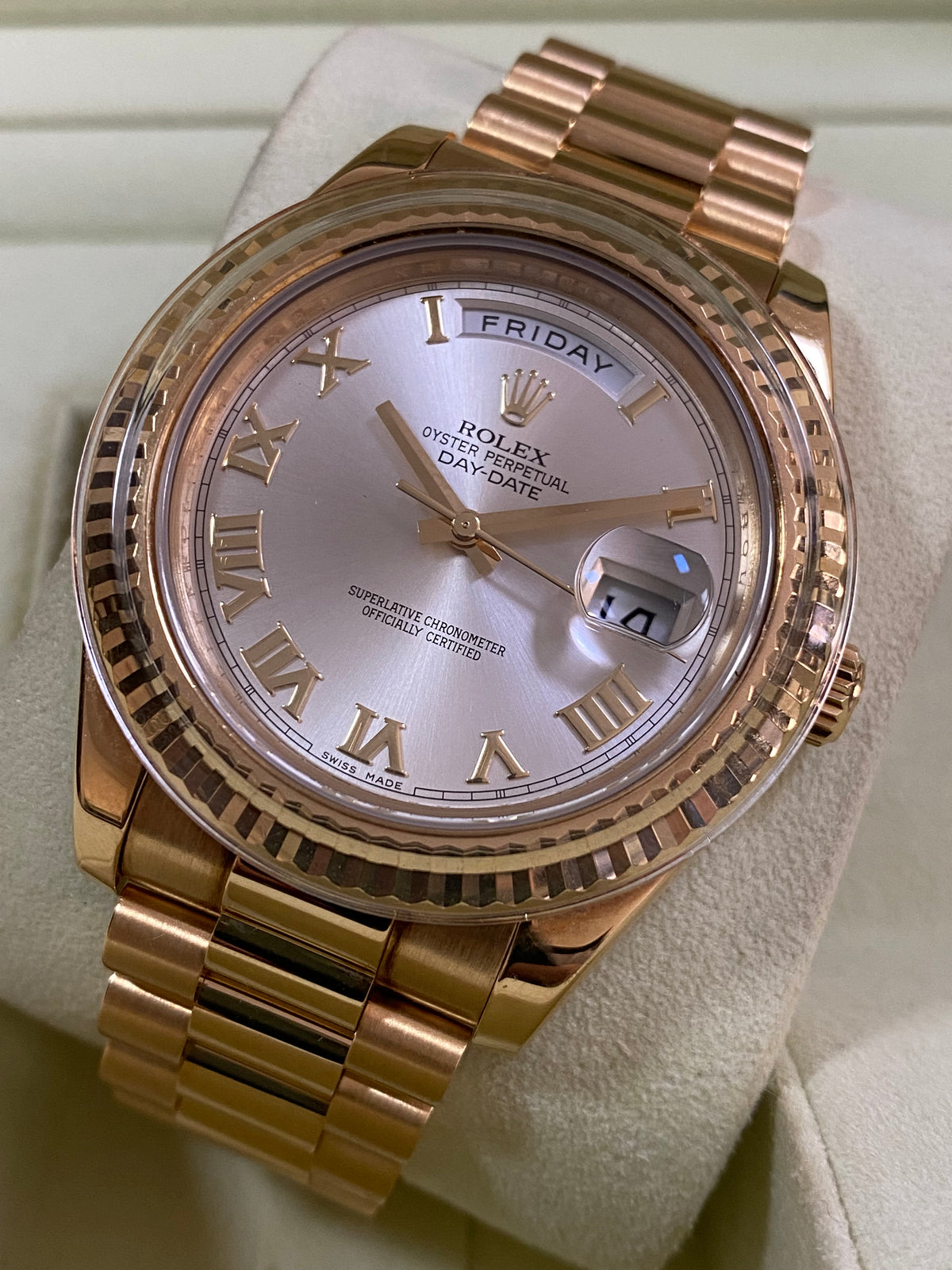 Rolex White Gold Day-Date II - M Serial - Fluted Bezel - Silver Roman Dial - President Bracelet - 218238