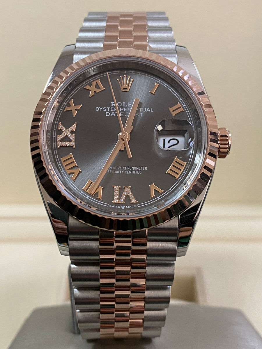 Rolex Everose Rolesor Datejust 36 - 2024 - Fluted Bezel - Dark Rhodium Roman Dial - Jubilee Bracelet - 126231 *FULL SET*