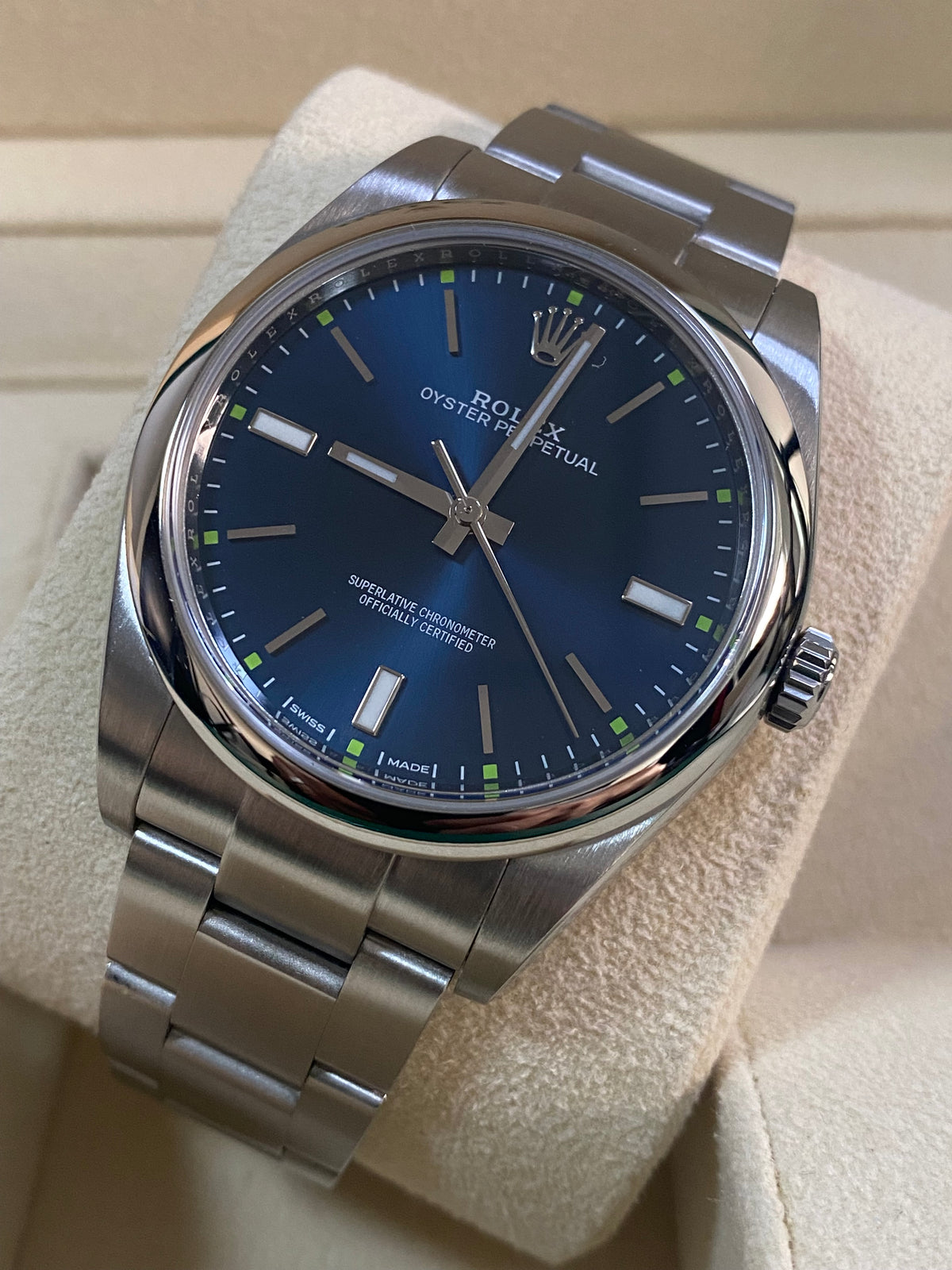 Rolex Steel Oyster Perpetual 39 - Domed Bezel - Blue Index Dial - 114300