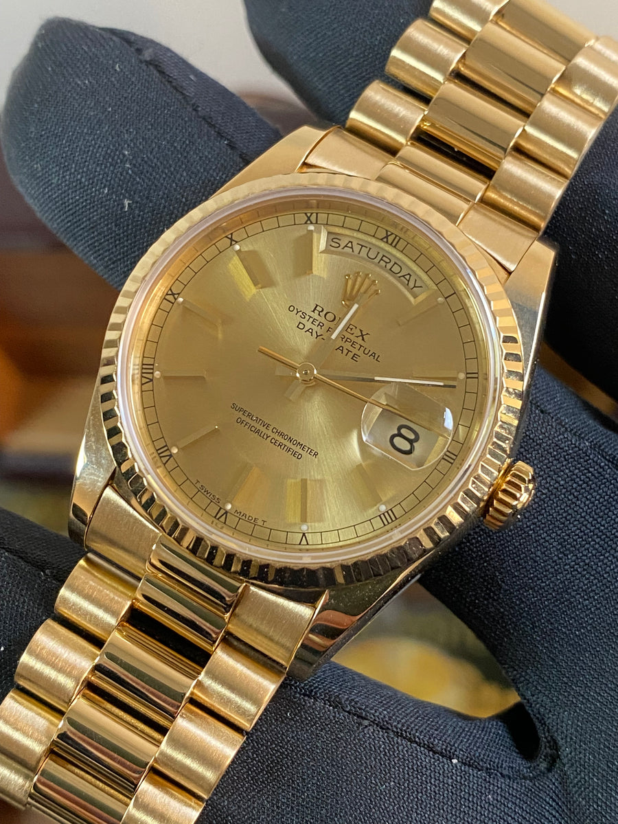 Rolex Yellow Gold Day-Date 36 - L Serial - Fluted Bezel - Champagne Index Dial - President Bracelet - 18238