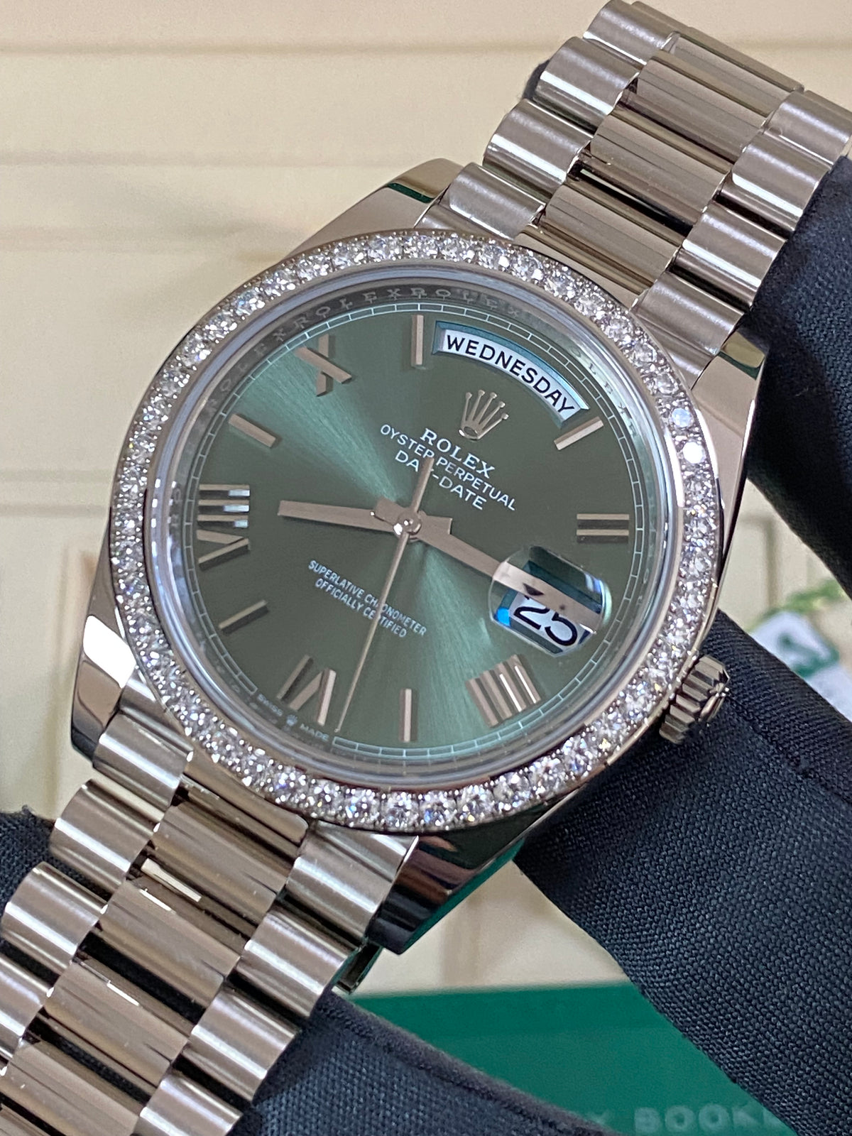 Rolex White Gold Day-Date 40 - 2023 -Diamond-Set Bezel - Olive Green Bevelled Roman Dial - President Bracelet - 228349RBR *FULL SET*