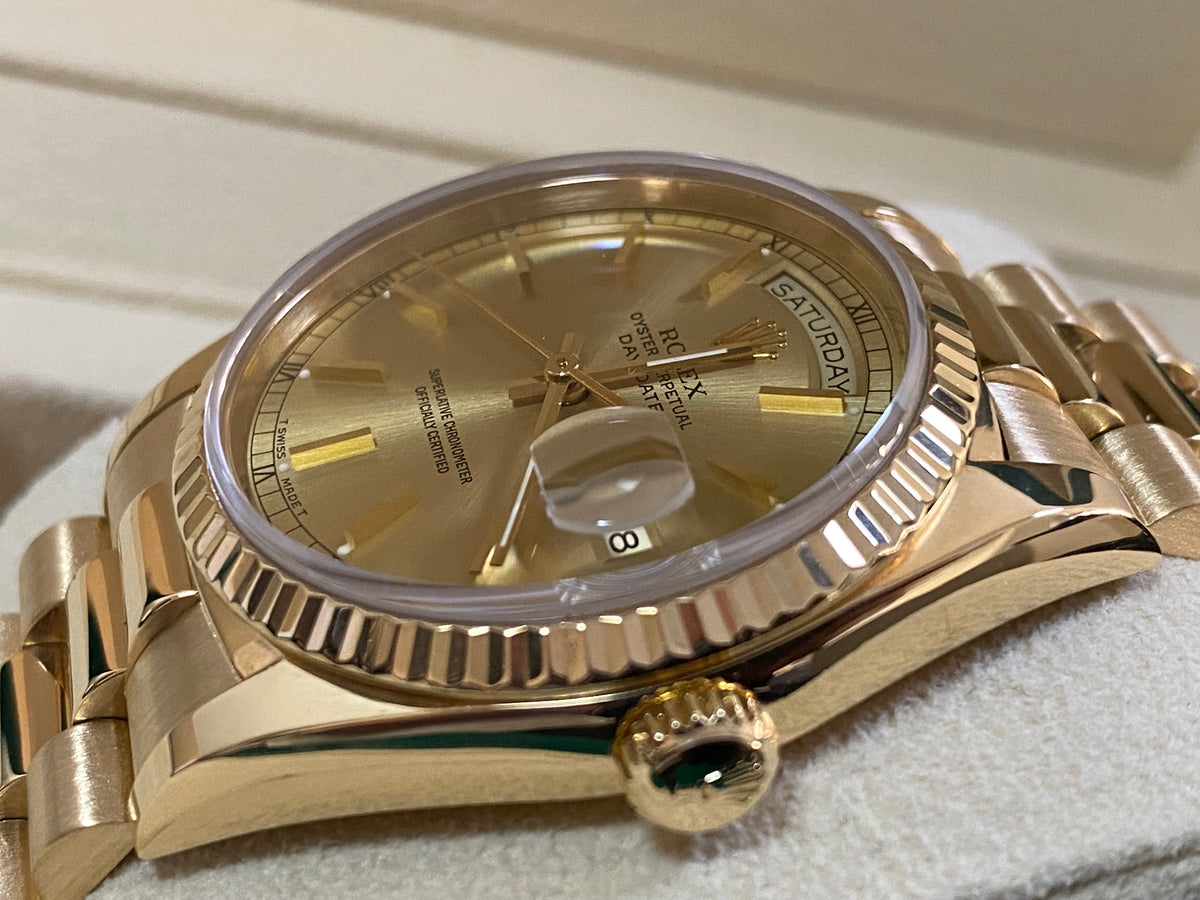 Rolex Yellow Gold Day-Date 36 - L Serial - Fluted Bezel - Champagne Index Dial - President Bracelet - 18238