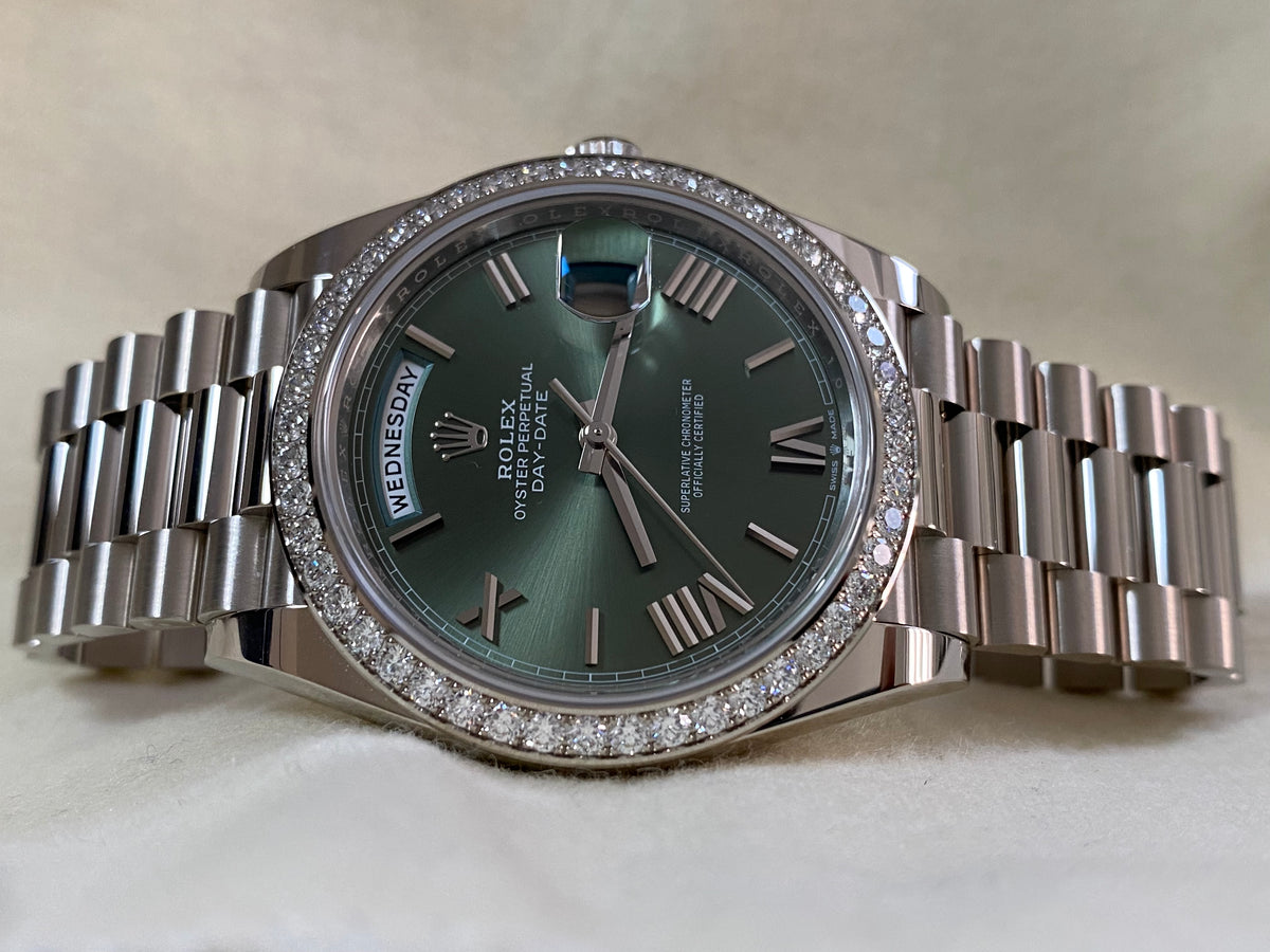 Rolex White Gold Day-Date 40 - 2023 -Diamond-Set Bezel - Olive Green Bevelled Roman Dial - President Bracelet - 228349RBR *FULL SET*