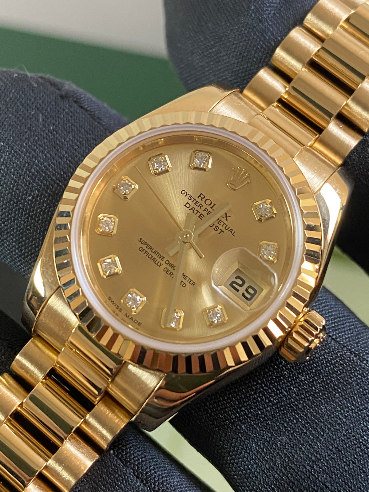 Rolex Yellow Gold Lady-Datejust - F Serial - Fluted Bezel - Factory Diamond Dial - President Bracelet - 179178