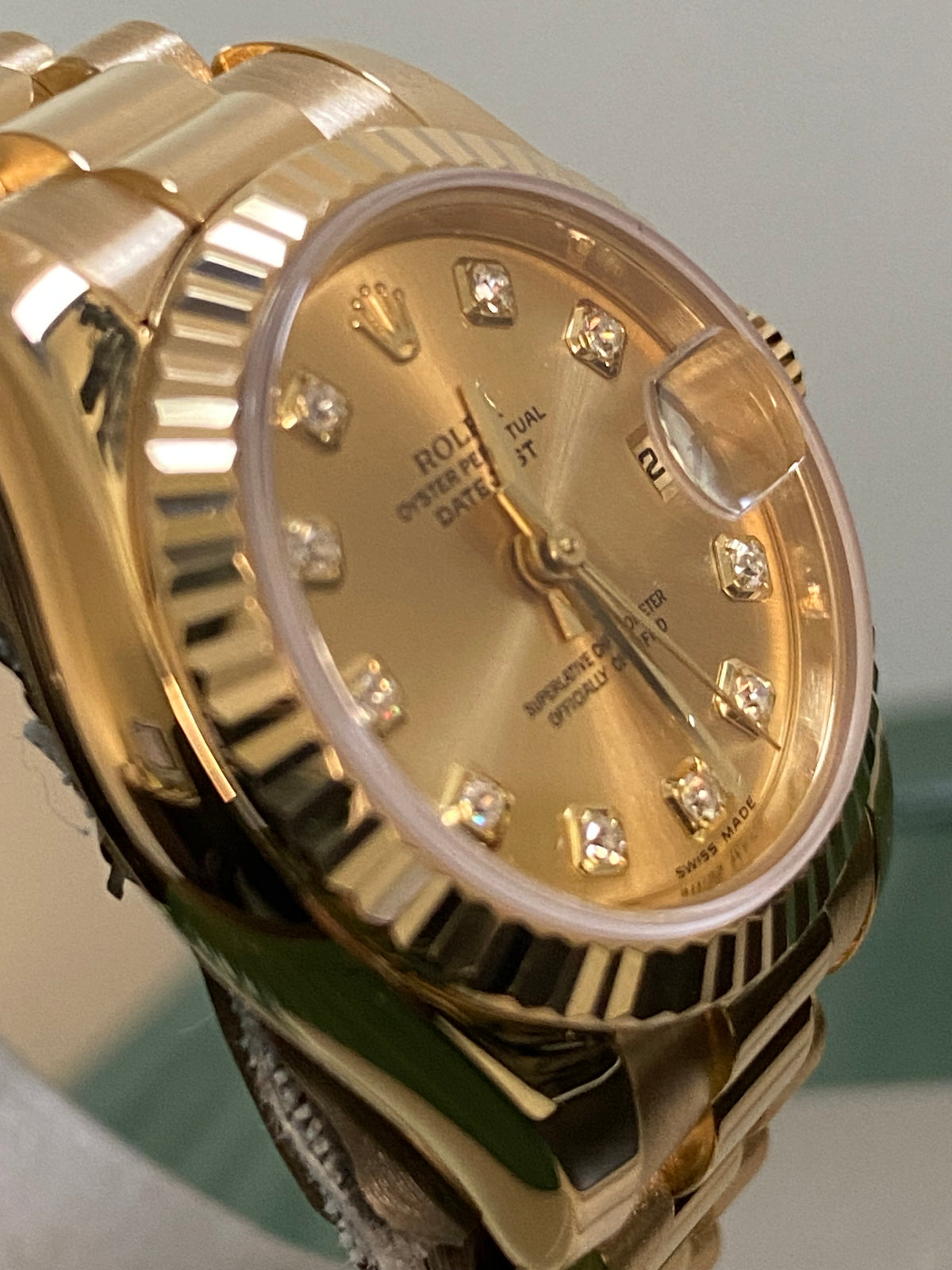 Rolex Yellow Gold Lady-Datejust - F Serial - Fluted Bezel - Factory Diamond Dial - President Bracelet - 179178