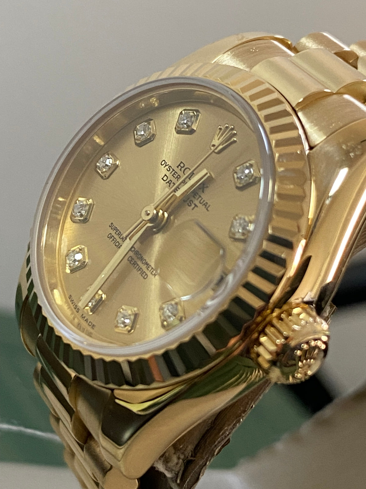 Rolex Yellow Gold Lady-Datejust - F Serial - Fluted Bezel - Factory Diamond Dial - President Bracelet - 179178