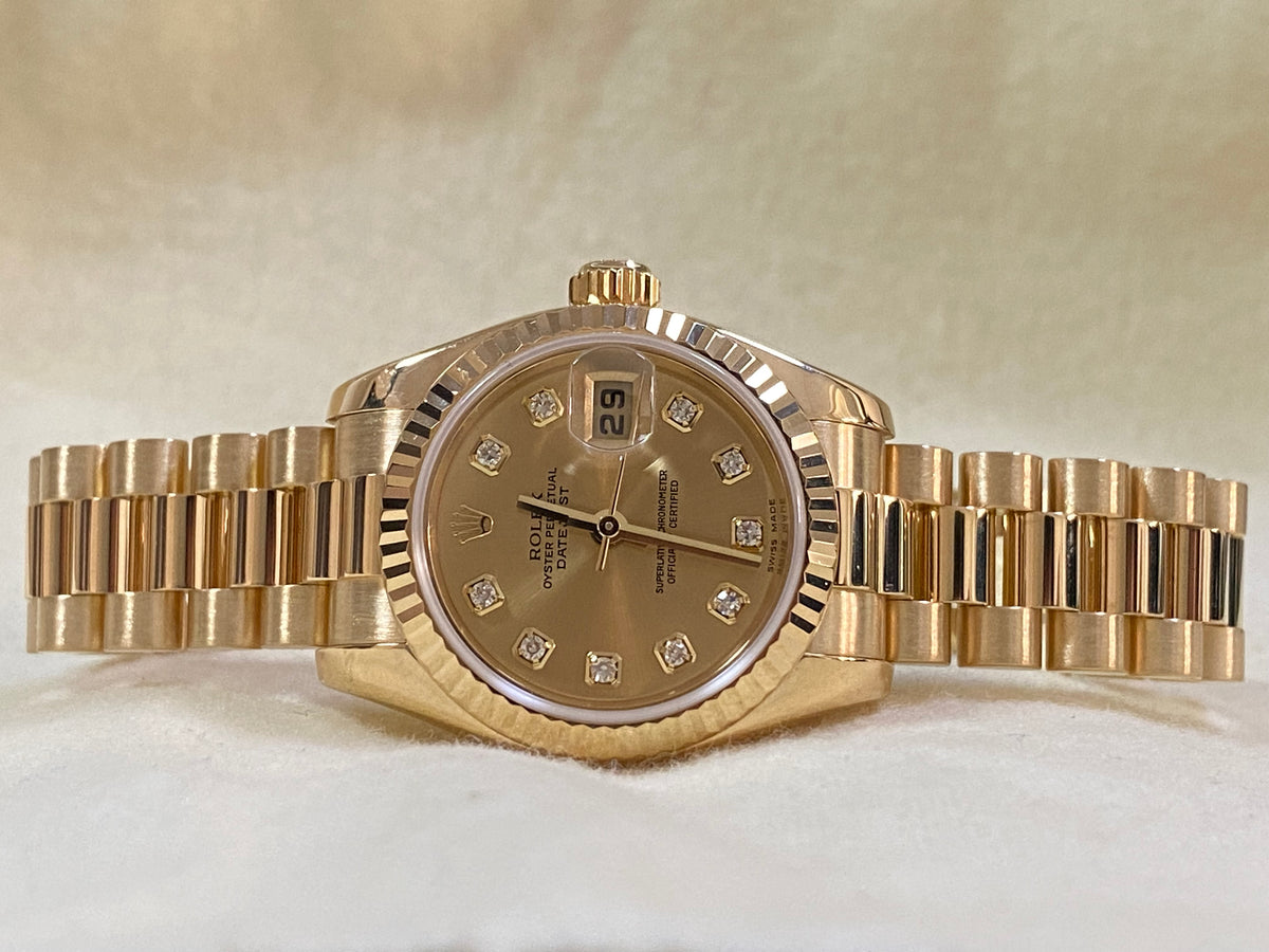 Rolex Yellow Gold Lady-Datejust - F Serial - Fluted Bezel - Factory Diamond Dial - President Bracelet - 179178