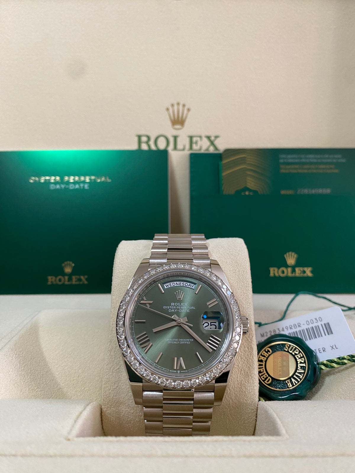 Rolex White Gold Day-Date 40 - 2023 -Diamond-Set Bezel - Olive Green Bevelled Roman Dial - President Bracelet - 228349RBR *FULL SET*