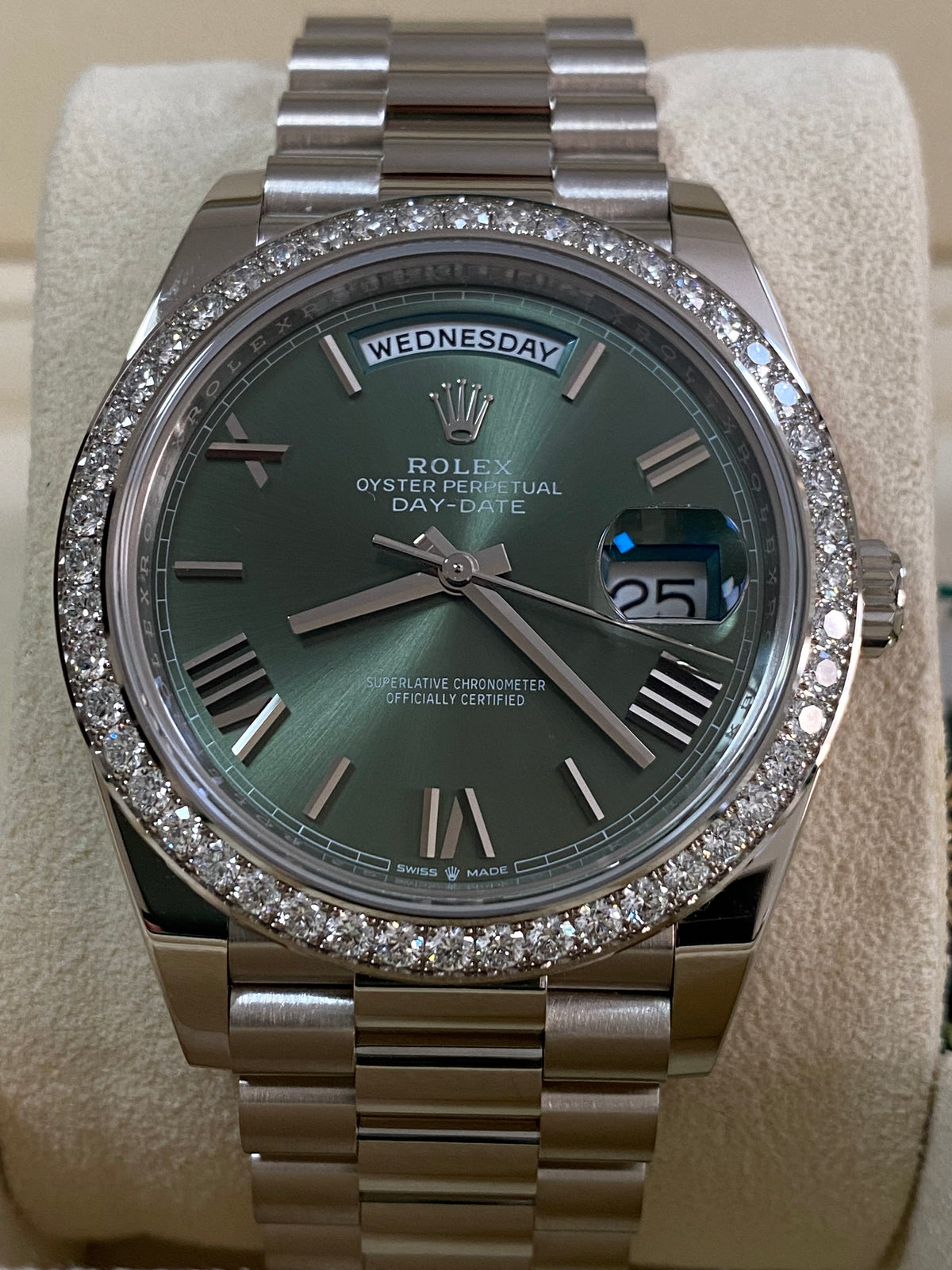 Rolex White Gold Day-Date 40 - 2023 -Diamond-Set Bezel - Olive Green Bevelled Roman Dial - President Bracelet - 228349RBR *FULL SET*