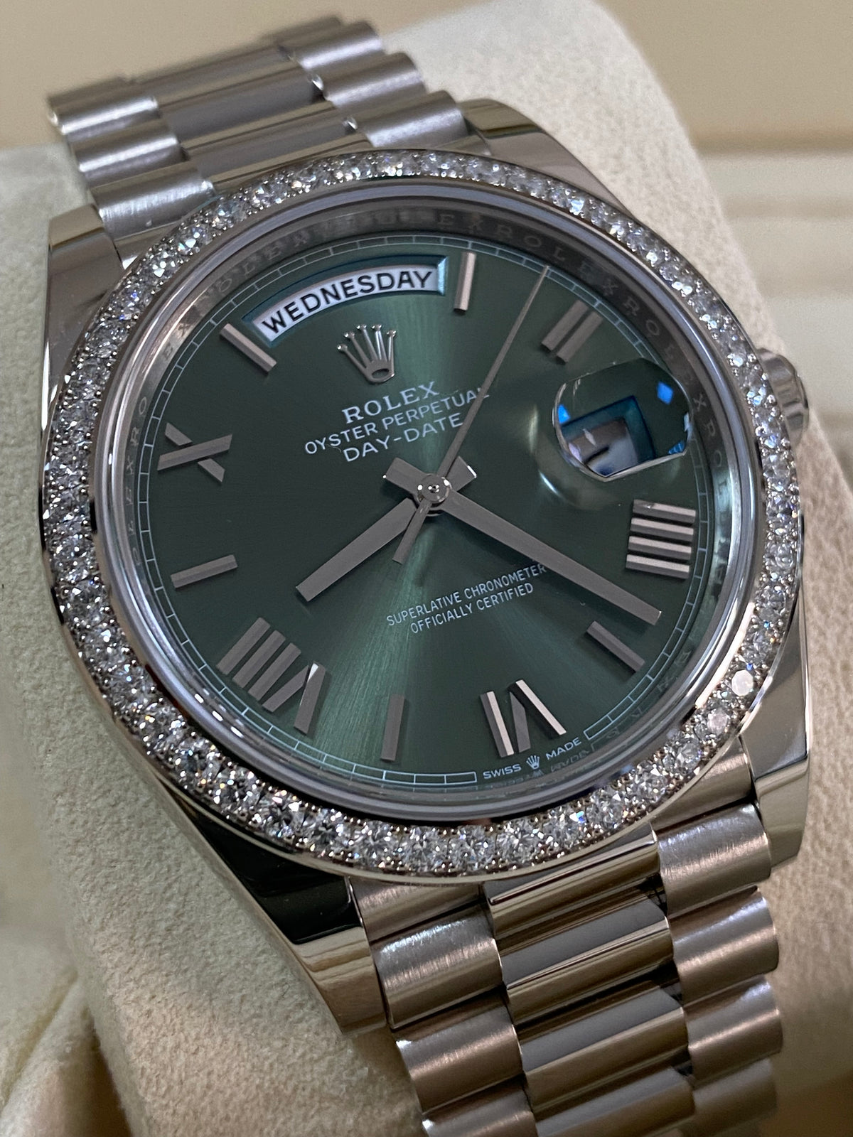 Rolex White Gold Day-Date 40 - 2023 -Diamond-Set Bezel - Olive Green Bevelled Roman Dial - President Bracelet - 228349RBR *FULL SET*