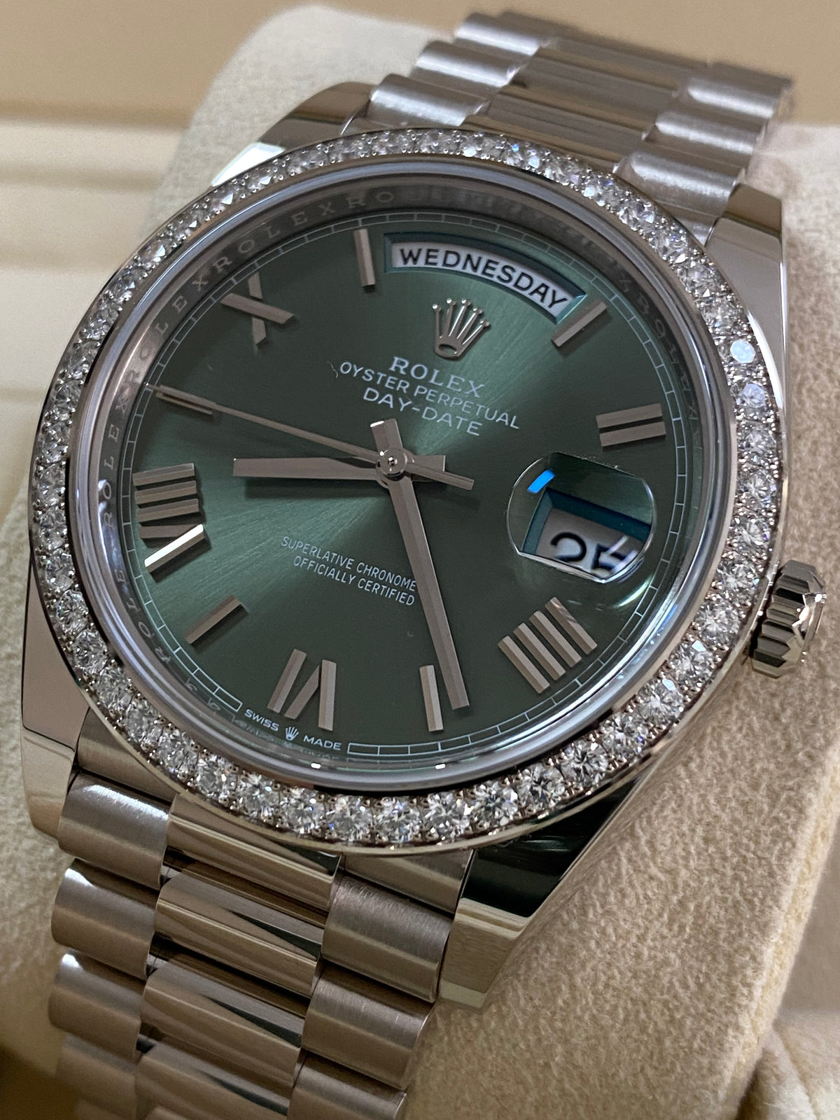 Rolex White Gold Day-Date 40 - 2023 -Diamond-Set Bezel - Olive Green Bevelled Roman Dial - President Bracelet - 228349RBR *FULL SET*