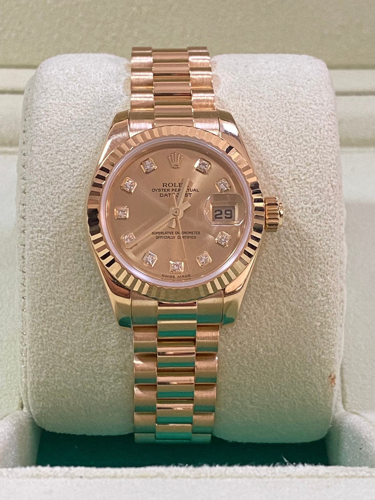 Rolex Yellow Gold Lady-Datejust - F Serial - Fluted Bezel - Factory Diamond Dial - President Bracelet - 179178