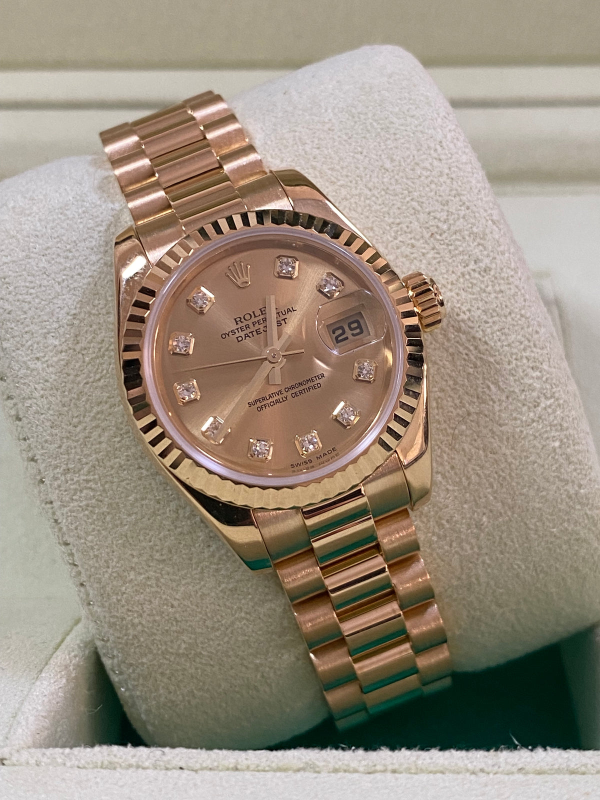 Rolex Yellow Gold Lady-Datejust - F Serial - Fluted Bezel - Factory Diamond Dial - President Bracelet - 179178