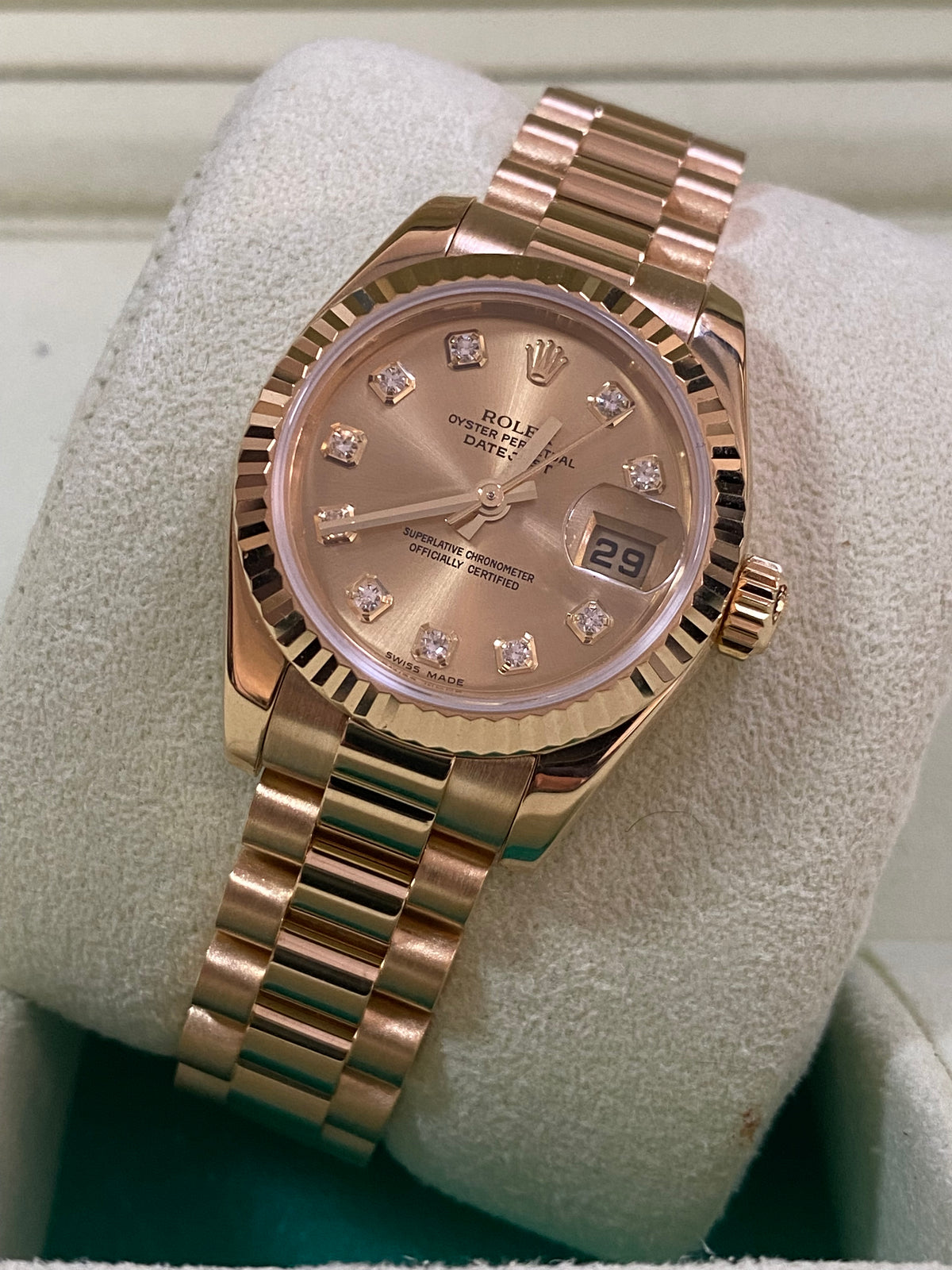 Rolex Yellow Gold Lady-Datejust - F Serial - Fluted Bezel - Factory Diamond Dial - President Bracelet - 179178