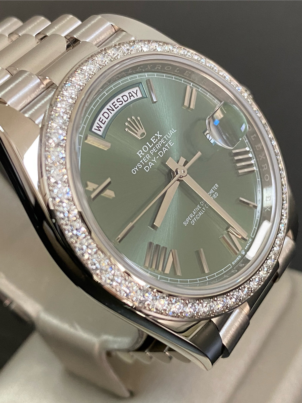 Rolex White Gold Day-Date 40 - 2023 -Diamond-Set Bezel - Olive Green Bevelled Roman Dial - President Bracelet - 228349RBR *FULL SET*