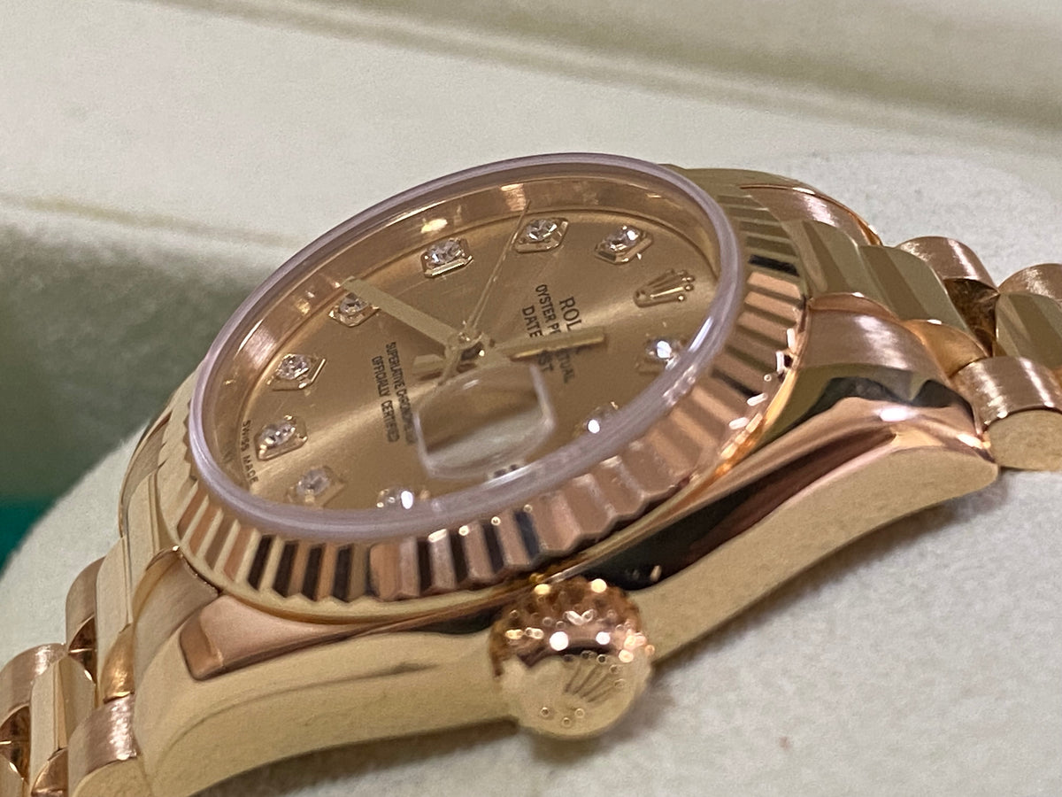 Rolex Yellow Gold Lady-Datejust - F Serial - Fluted Bezel - Factory Diamond Dial - President Bracelet - 179178