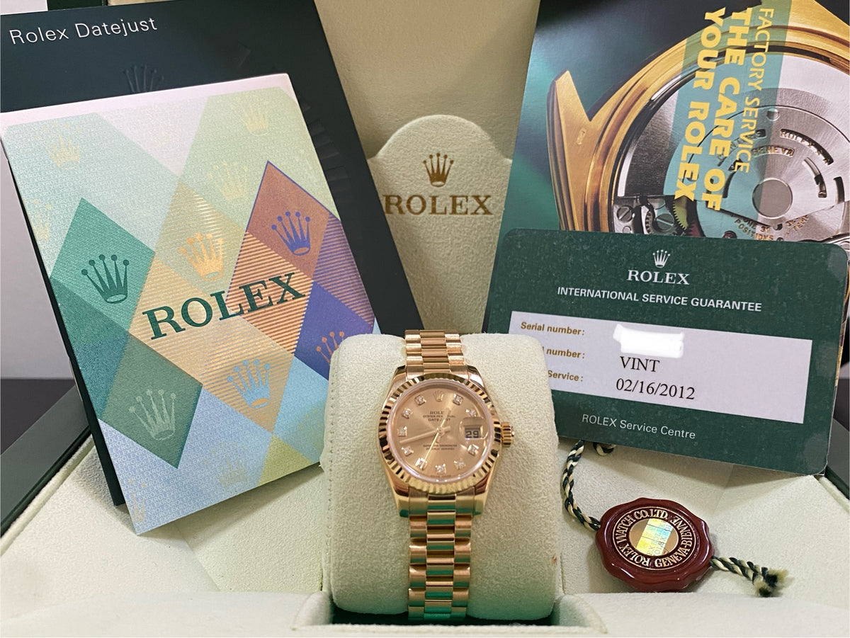 Rolex Yellow Gold Lady-Datejust - F Serial - Fluted Bezel - Factory Diamond Dial - President Bracelet - 179178