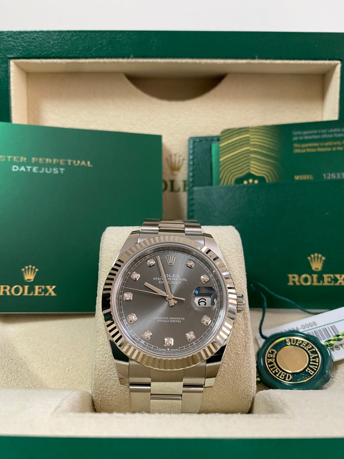 Rolex Steel and White Gold Datejust 41 - 2024 - Fluted Bezel - Rhodium Diamond Dial - Oyster Bracelet - 126334 *FULL SET*