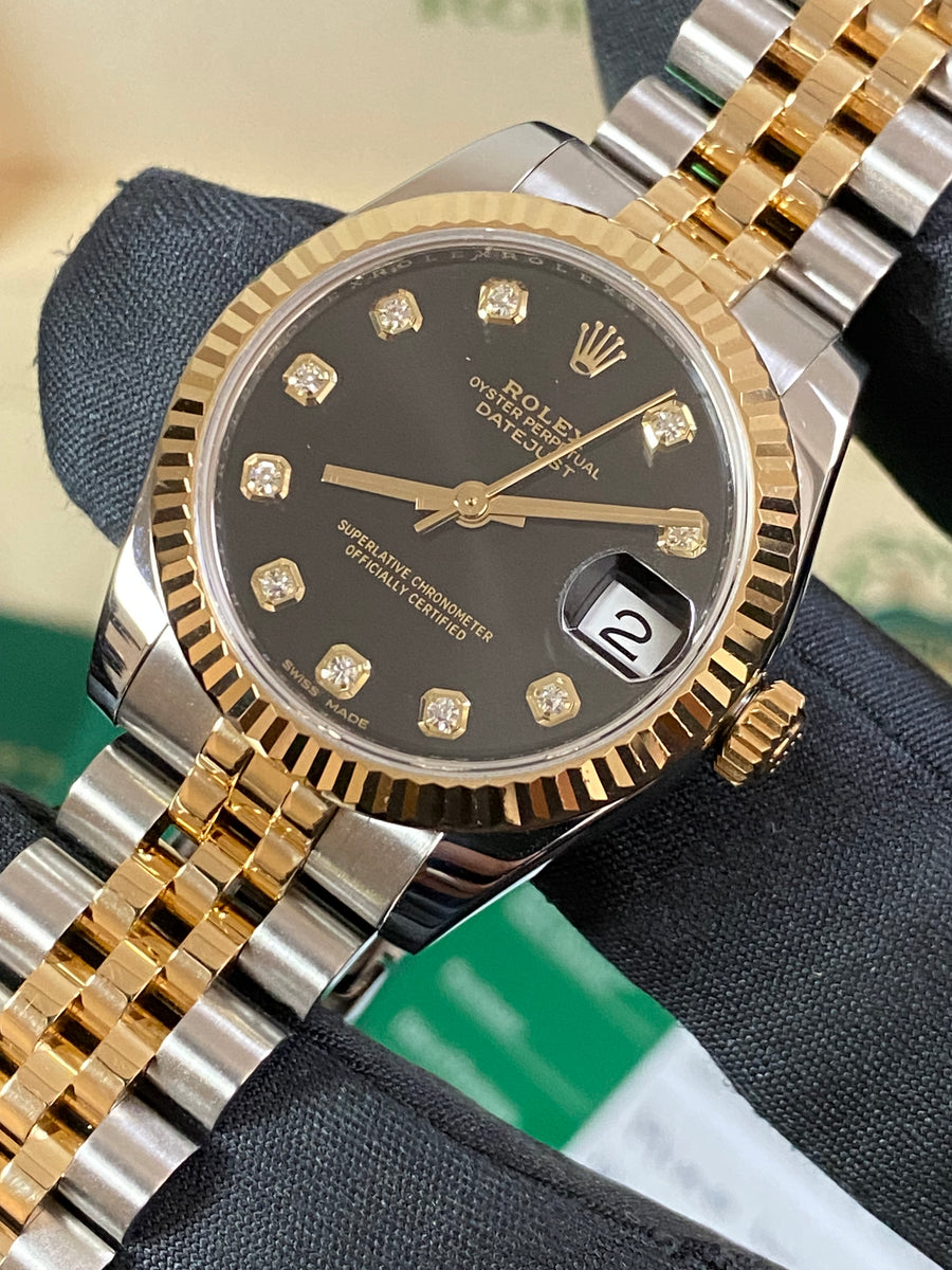 Rolex Yellow Gold Rolesor Datejust 31 - 2018 - Fluted Bezel - Black Diamond Dial - Jubilee Bracelet - 178273 *FULL SET*