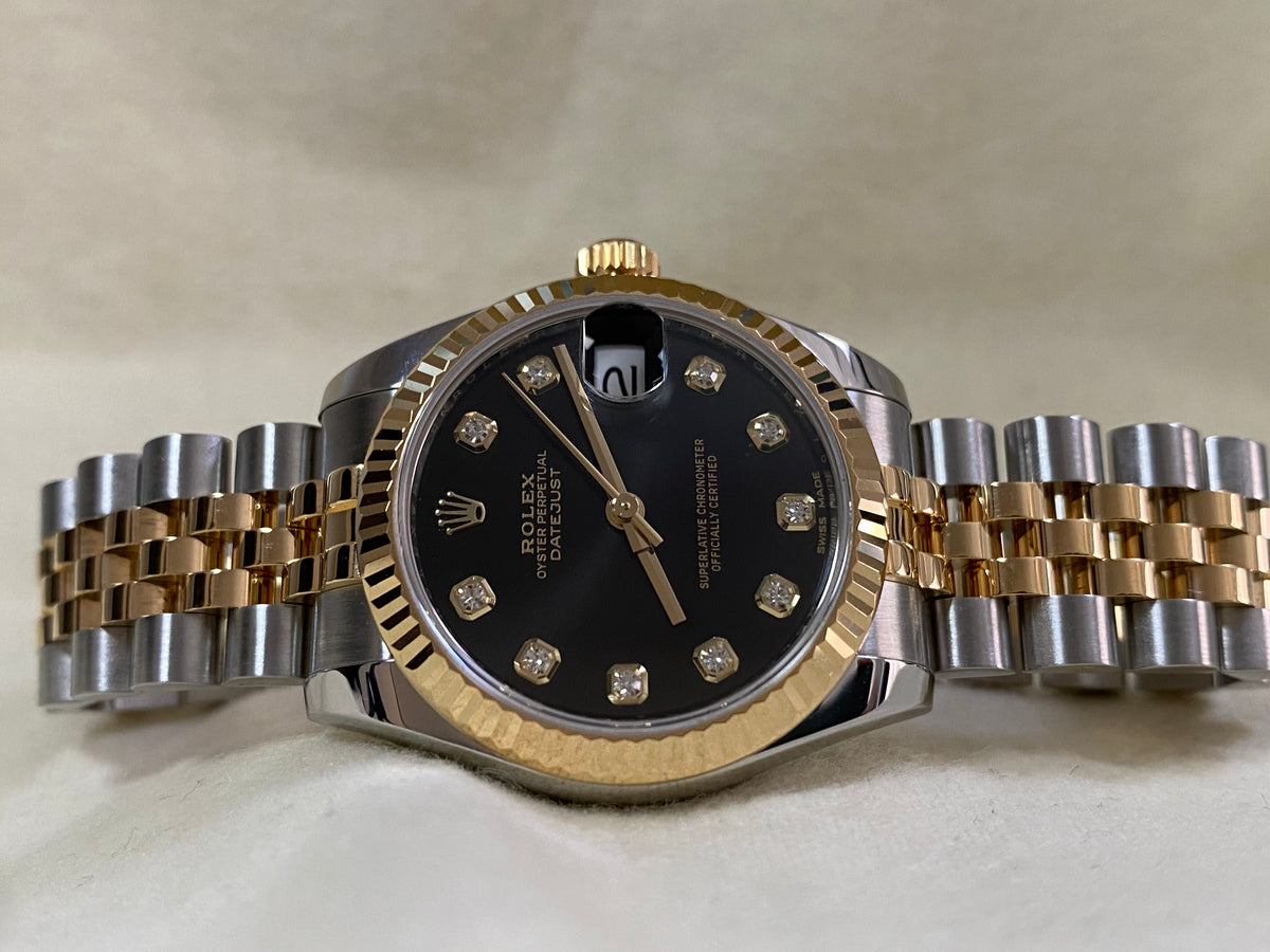 Rolex Yellow Gold Rolesor Datejust 31 - 2018 - Fluted Bezel - Black Diamond Dial - Jubilee Bracelet - 178273 *FULL SET*