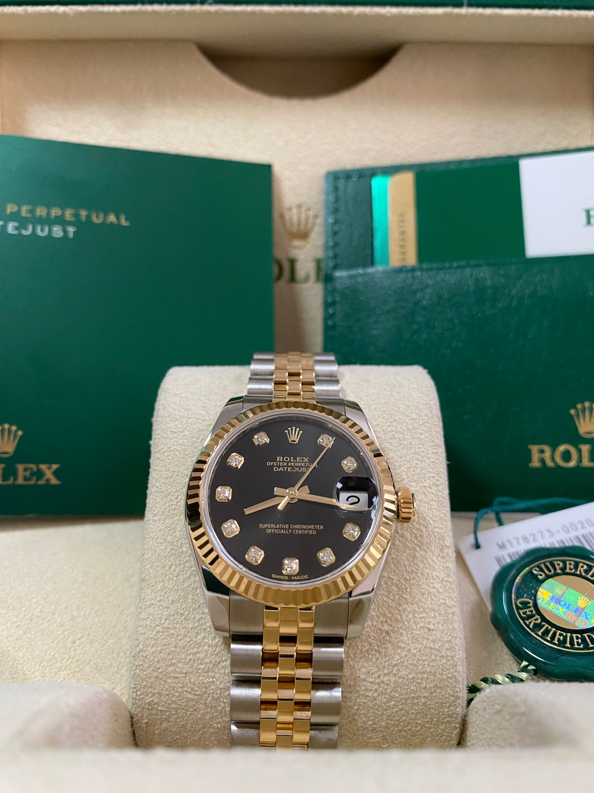 Rolex Yellow Gold Rolesor Datejust 31 - 2018 - Fluted Bezel - Black Diamond Dial - Jubilee Bracelet - 178273 *FULL SET*