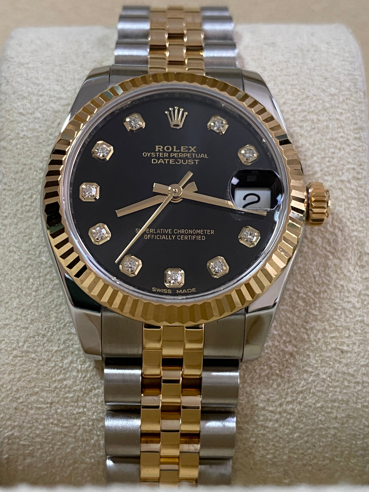 Rolex Yellow Gold Rolesor Datejust 31 - 2018 - Fluted Bezel - Black Diamond Dial - Jubilee Bracelet - 178273 *FULL SET*