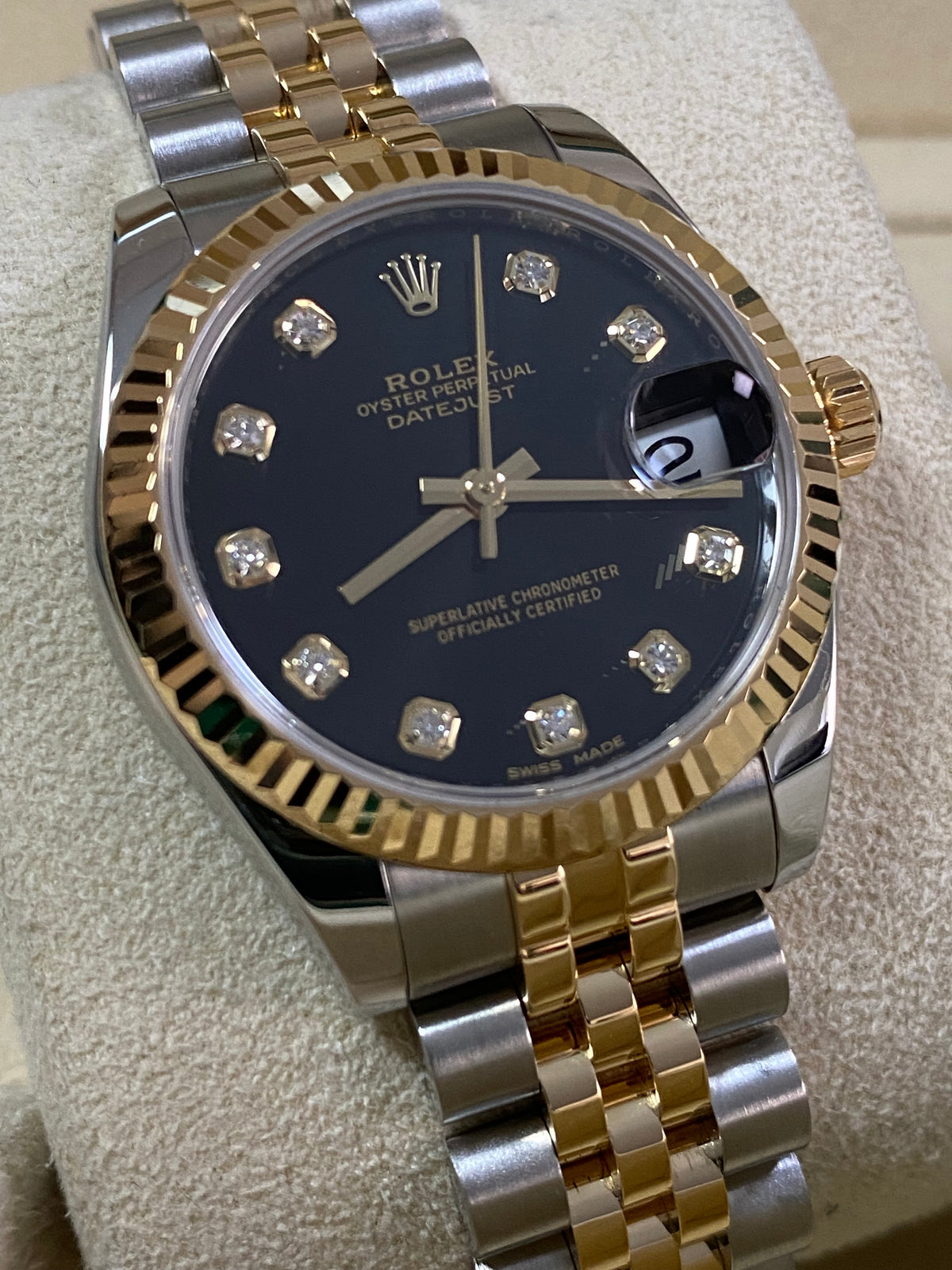 Rolex Yellow Gold Rolesor Datejust 31 - 2018 - Fluted Bezel - Black Diamond Dial - Jubilee Bracelet - 178273 *FULL SET*