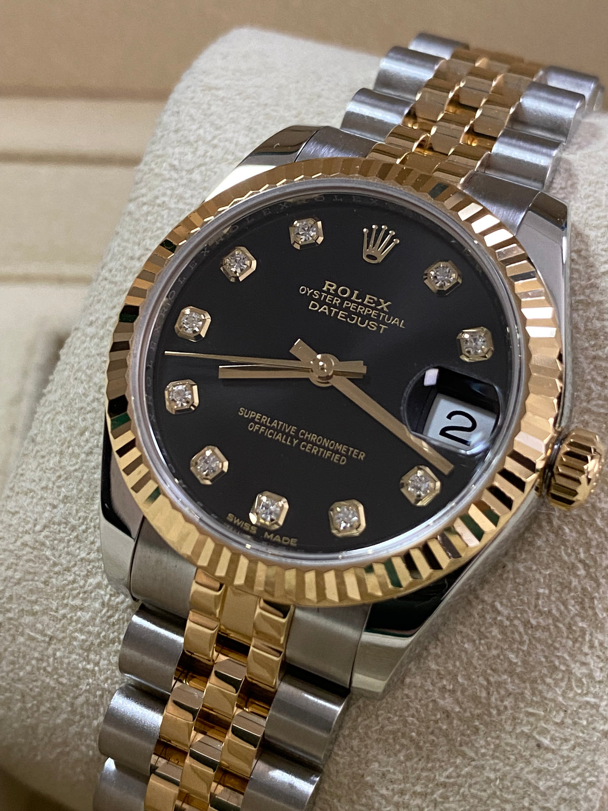 Rolex Yellow Gold Rolesor Datejust 31 - 2018 - Fluted Bezel - Black Diamond Dial - Jubilee Bracelet - 178273 *FULL SET*