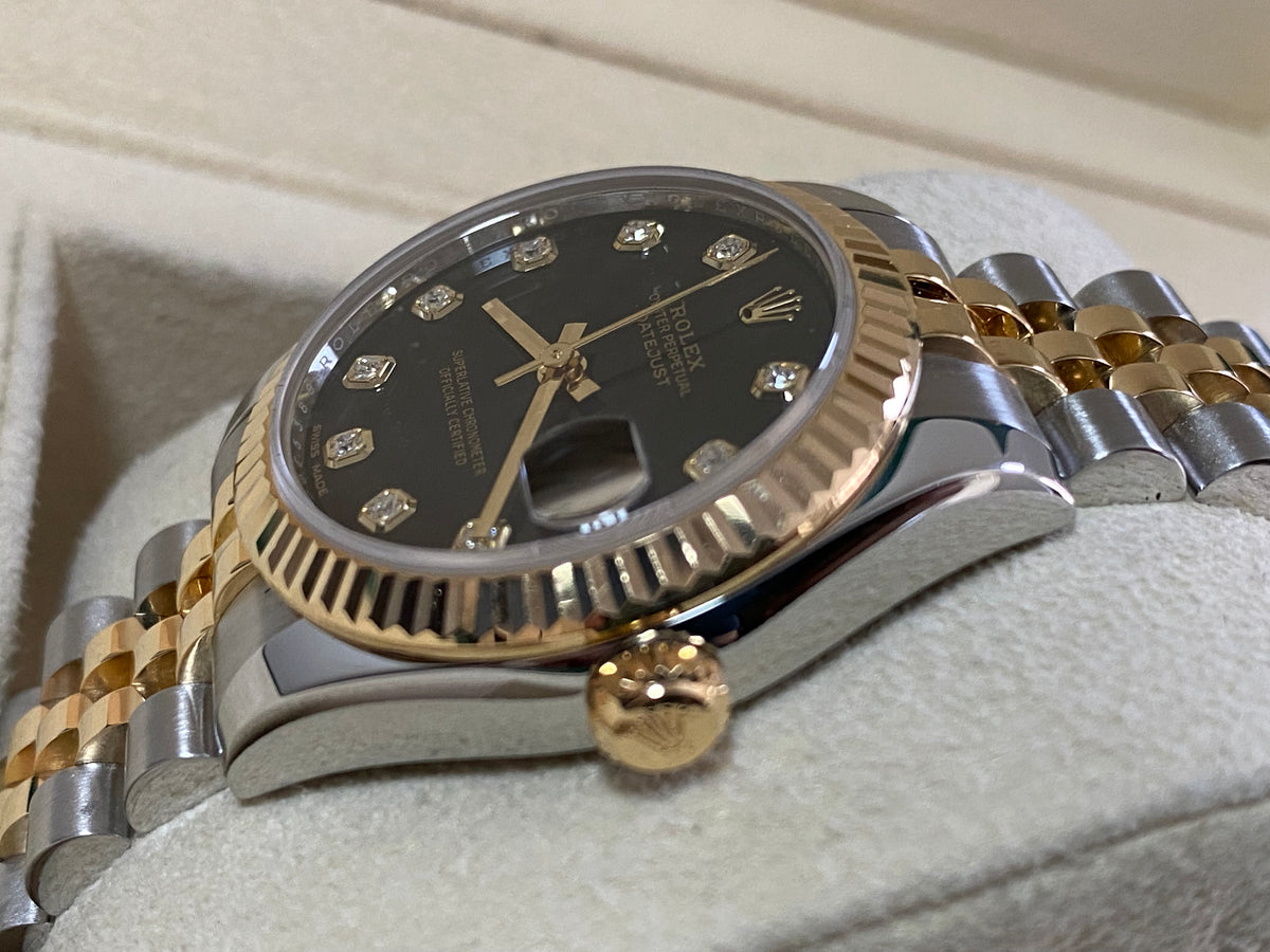 Rolex Yellow Gold Rolesor Datejust 31 - 2018 - Fluted Bezel - Black Diamond Dial - Jubilee Bracelet - 178273 *FULL SET*