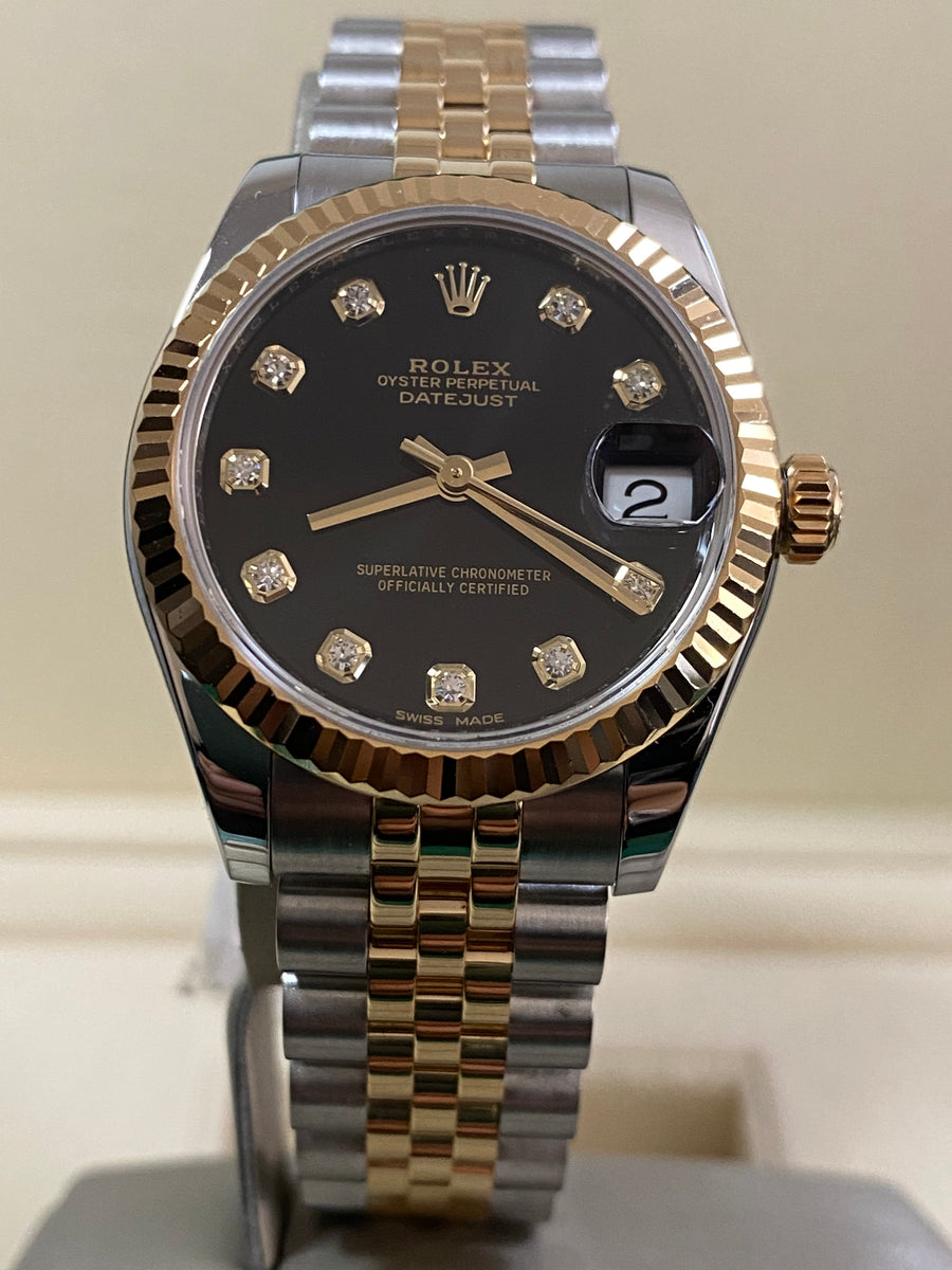 Rolex Yellow Gold Rolesor Datejust 31 - 2018 - Fluted Bezel - Black Diamond Dial - Jubilee Bracelet - 178273 *FULL SET*