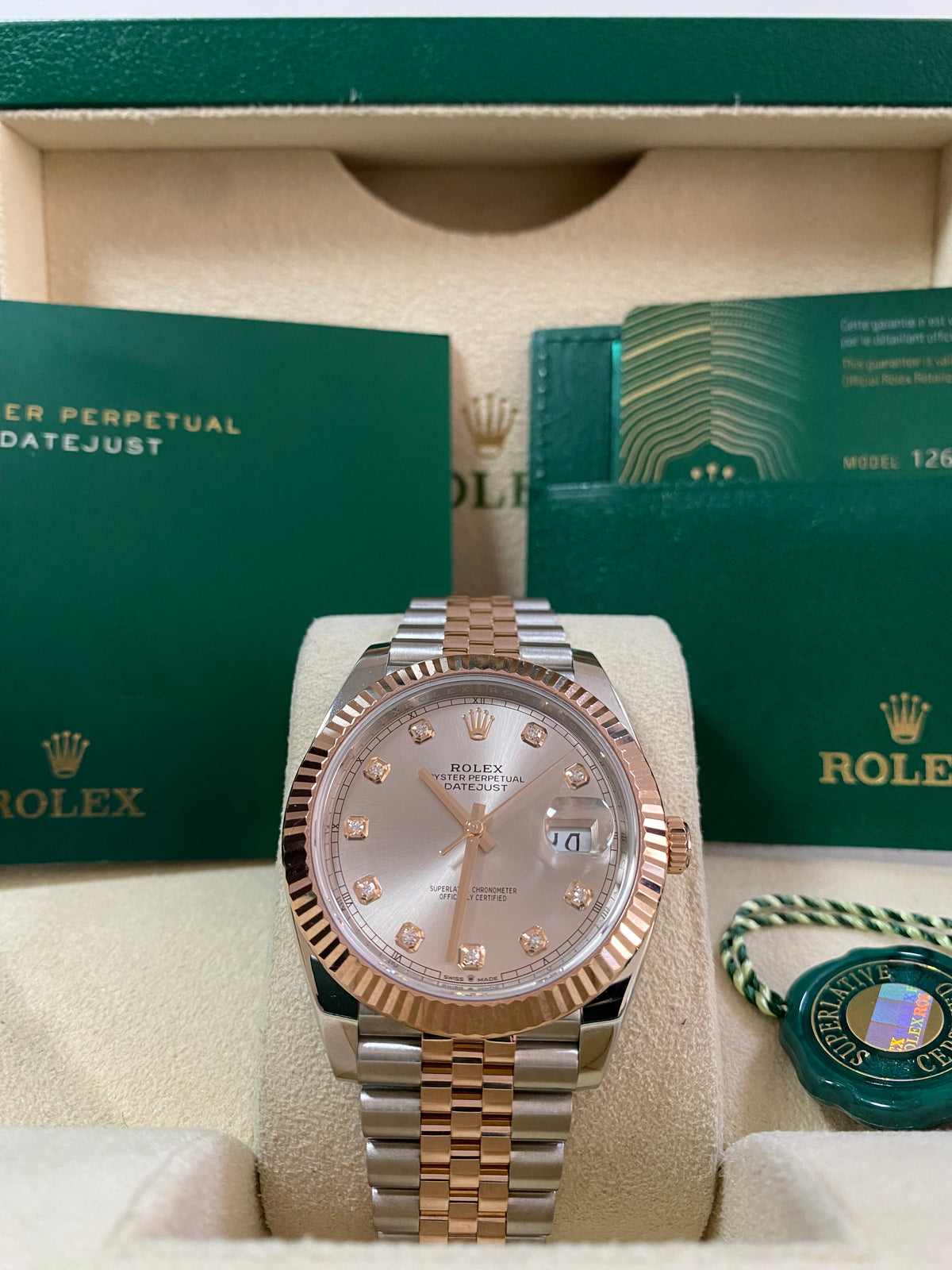 Rolex Steel and Everose Gold Datejust 41 - 2020 - Fluted Bezel - Sundust Diamond Dial - Jubilee Bracelet - 126331 *FULL SET*