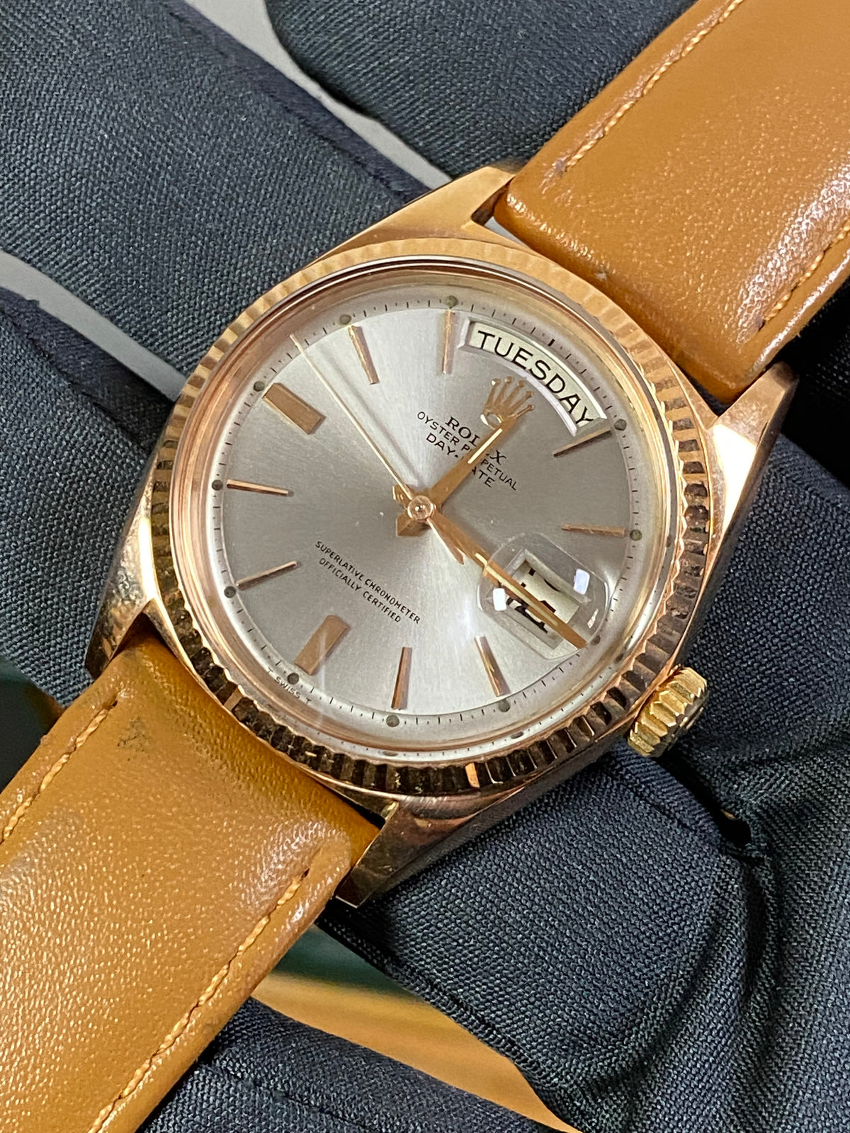 Rolex Rose Gold Day-Date 36 - Fluted Bezel - Silver Index Dial - Leather Strap - 1803