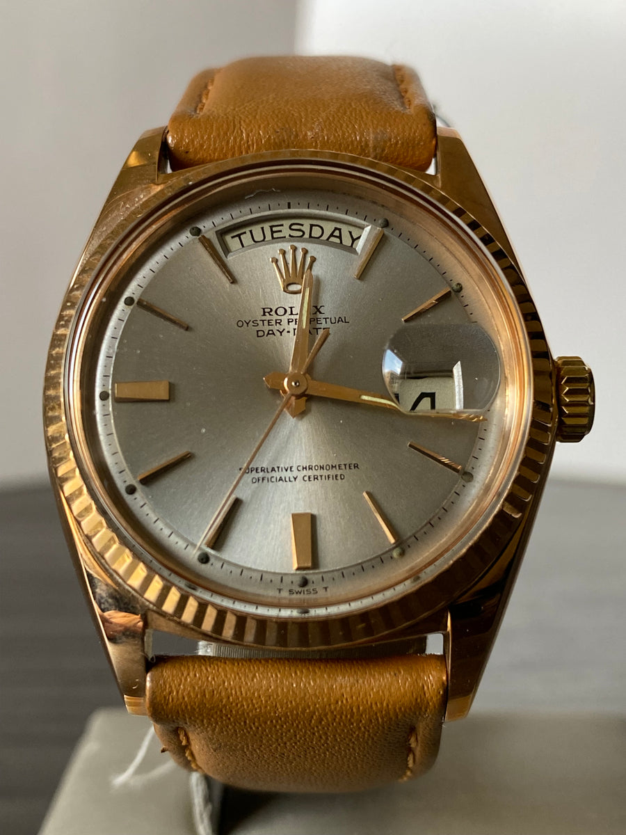 Rolex Rose Gold Day-Date 36 - Fluted Bezel - Silver Index Dial - Leather Strap - 1803