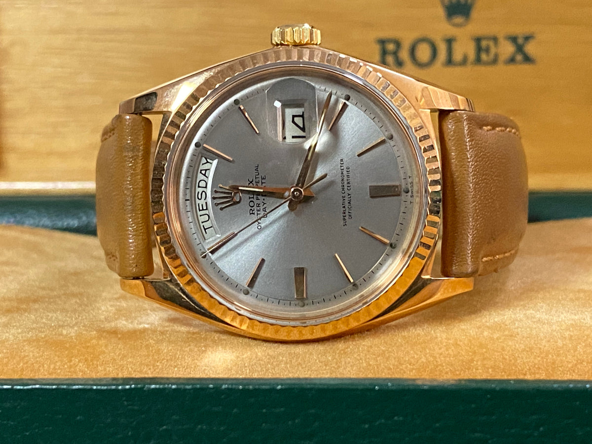 Rolex Rose Gold Day-Date 36 - Fluted Bezel - Silver Index Dial - Leather Strap - 1803