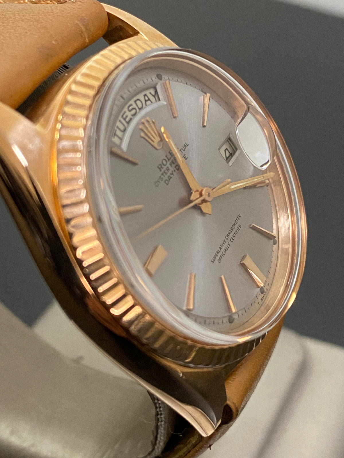 Rolex Rose Gold Day-Date 36 - Fluted Bezel - Silver Index Dial - Leather Strap - 1803