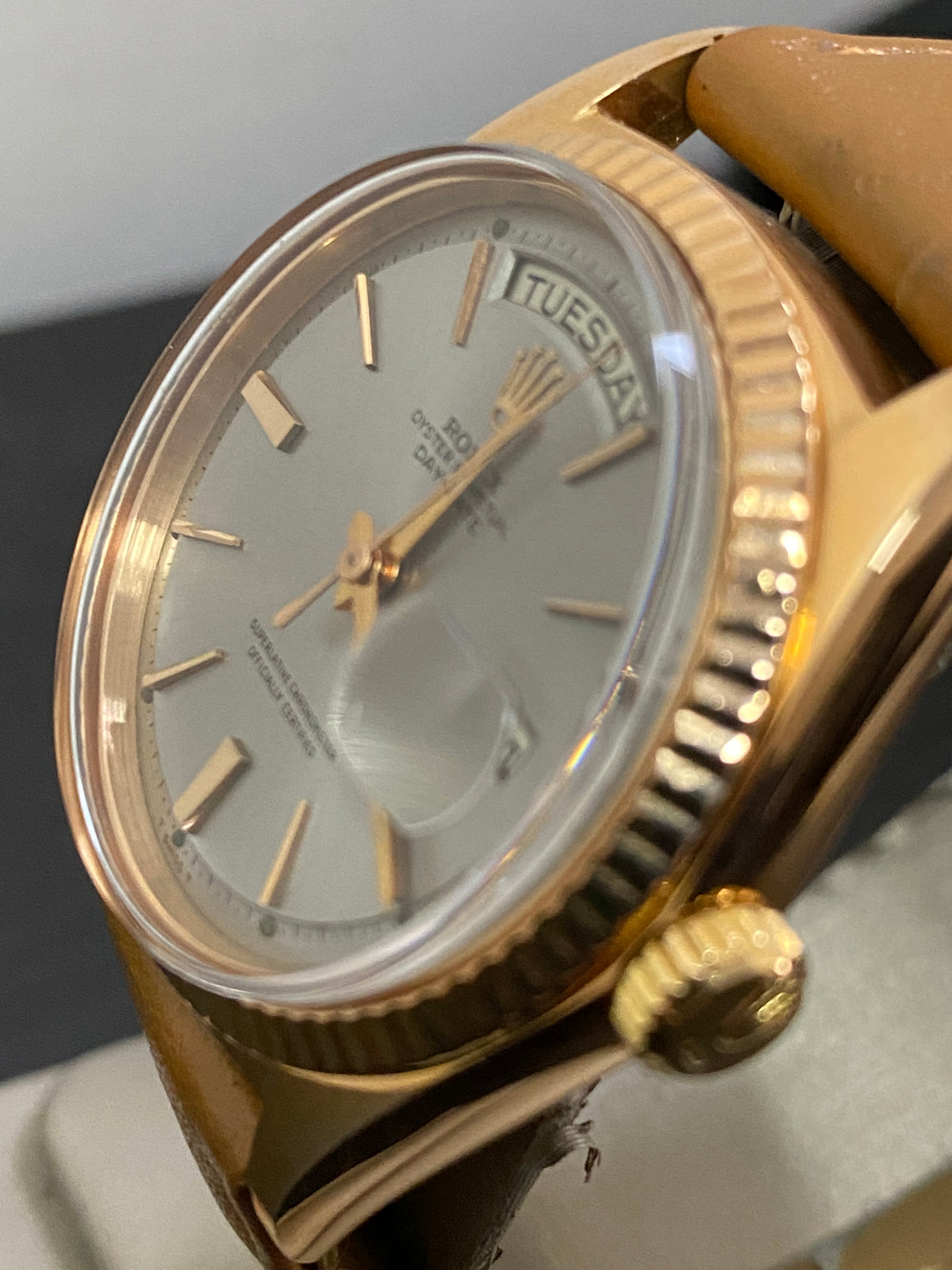 Rolex Rose Gold Day-Date 36 - Fluted Bezel - Silver Index Dial - Leather Strap - 1803