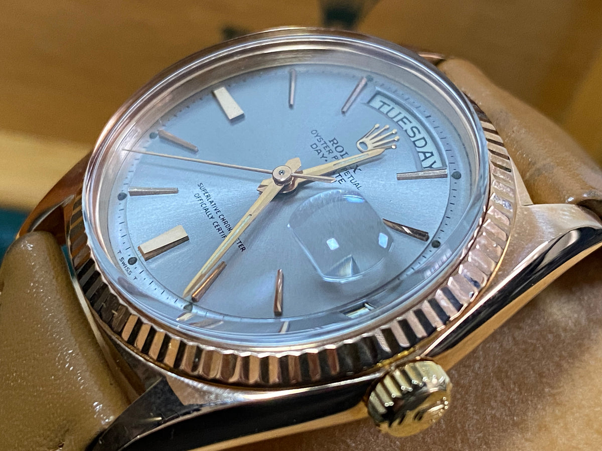 Rolex Rose Gold Day-Date 36 - Fluted Bezel - Silver Index Dial - Leather Strap - 1803