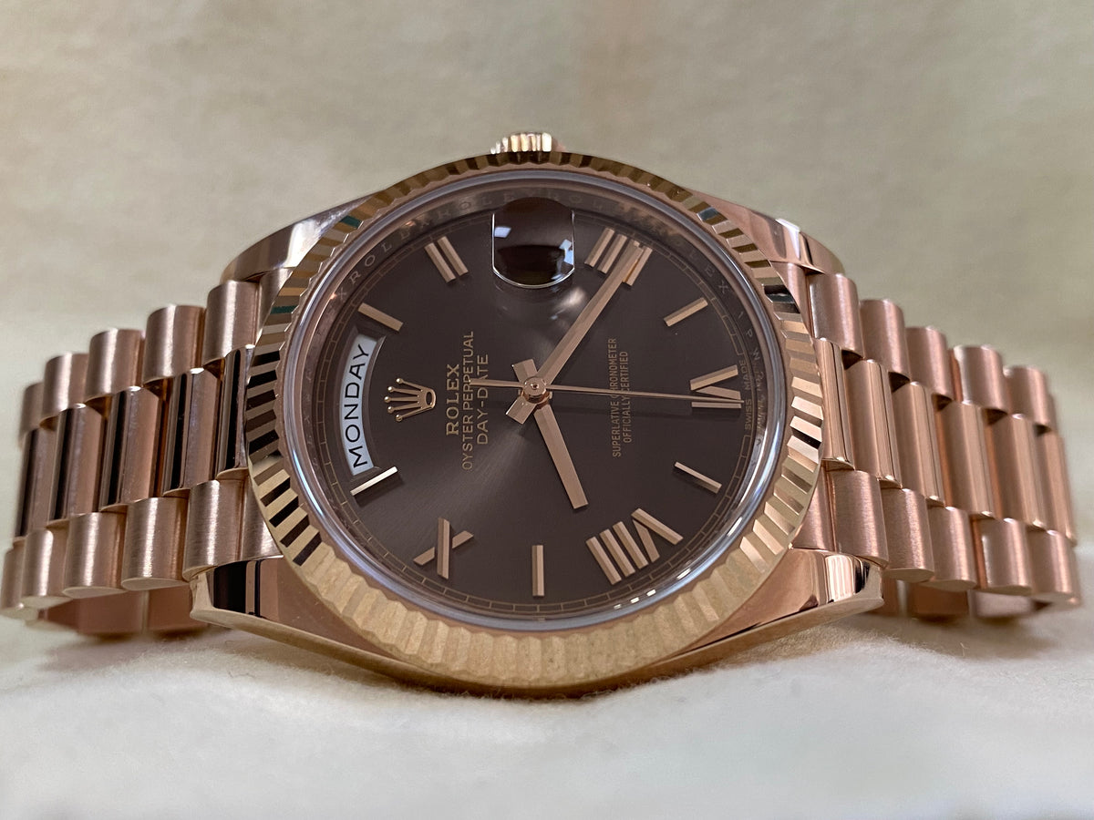 Rolex Everose Gold Day-Date 40 - 2016 - Fluted Bezel - Chocolate Roman Dial - President Bracelet - 228235 *UNPOLISHED*