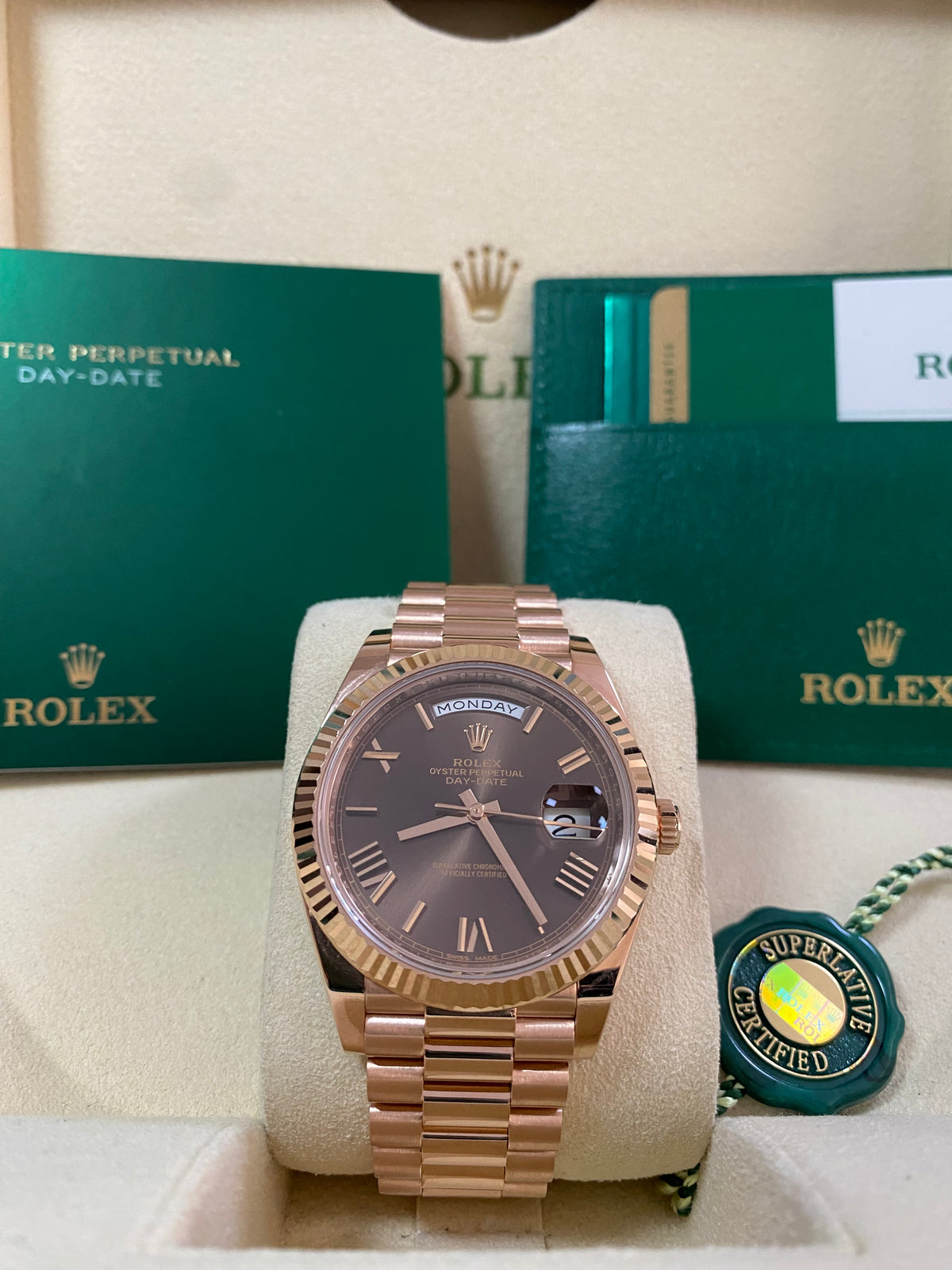 Rolex Everose Gold Day-Date 40 - 2016 - Fluted Bezel - Chocolate Roman Dial - President Bracelet - 228235 *UNPOLISHED*