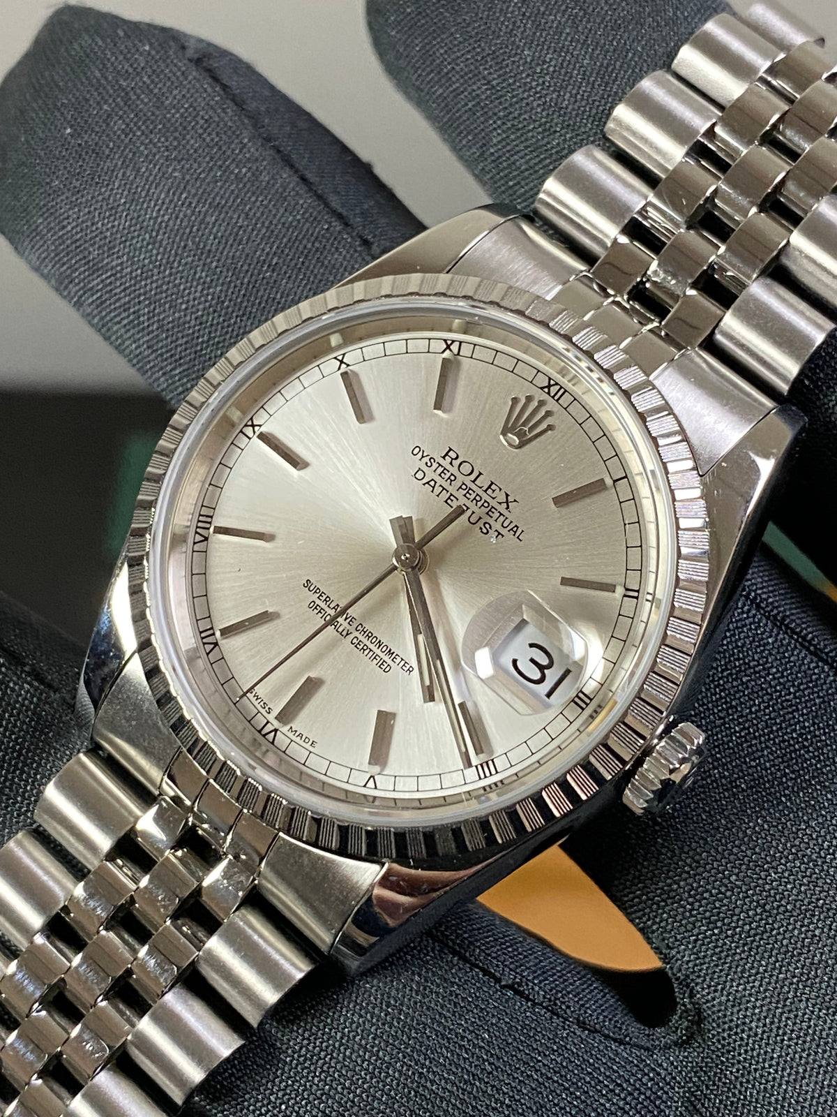 Rolex Steel Datejust 36 - F Serial - Fluted Bezel - Silver Index Dial - Jubilee Bracelet - 16220