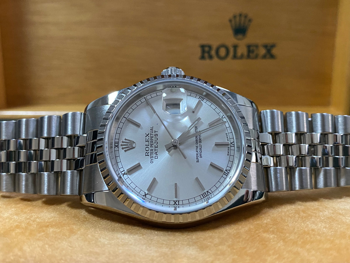 Rolex Steel Datejust 36 - F Serial - Fluted Bezel - Silver Index Dial - Jubilee Bracelet - 16220