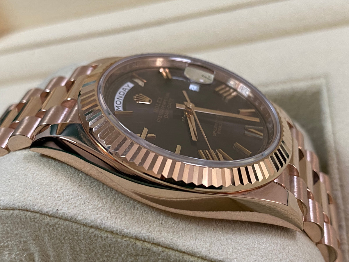 Rolex Everose Gold Day-Date 40 - 2016 - Fluted Bezel - Chocolate Roman Dial - President Bracelet - 228235 *UNPOLISHED*