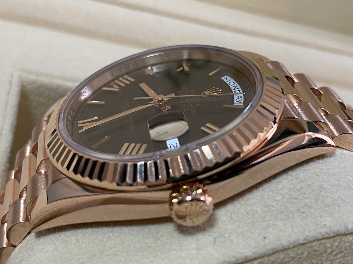 Rolex Everose Gold Day-Date 40 - 2016 - Fluted Bezel - Chocolate Roman Dial - President Bracelet - 228235 *UNPOLISHED*