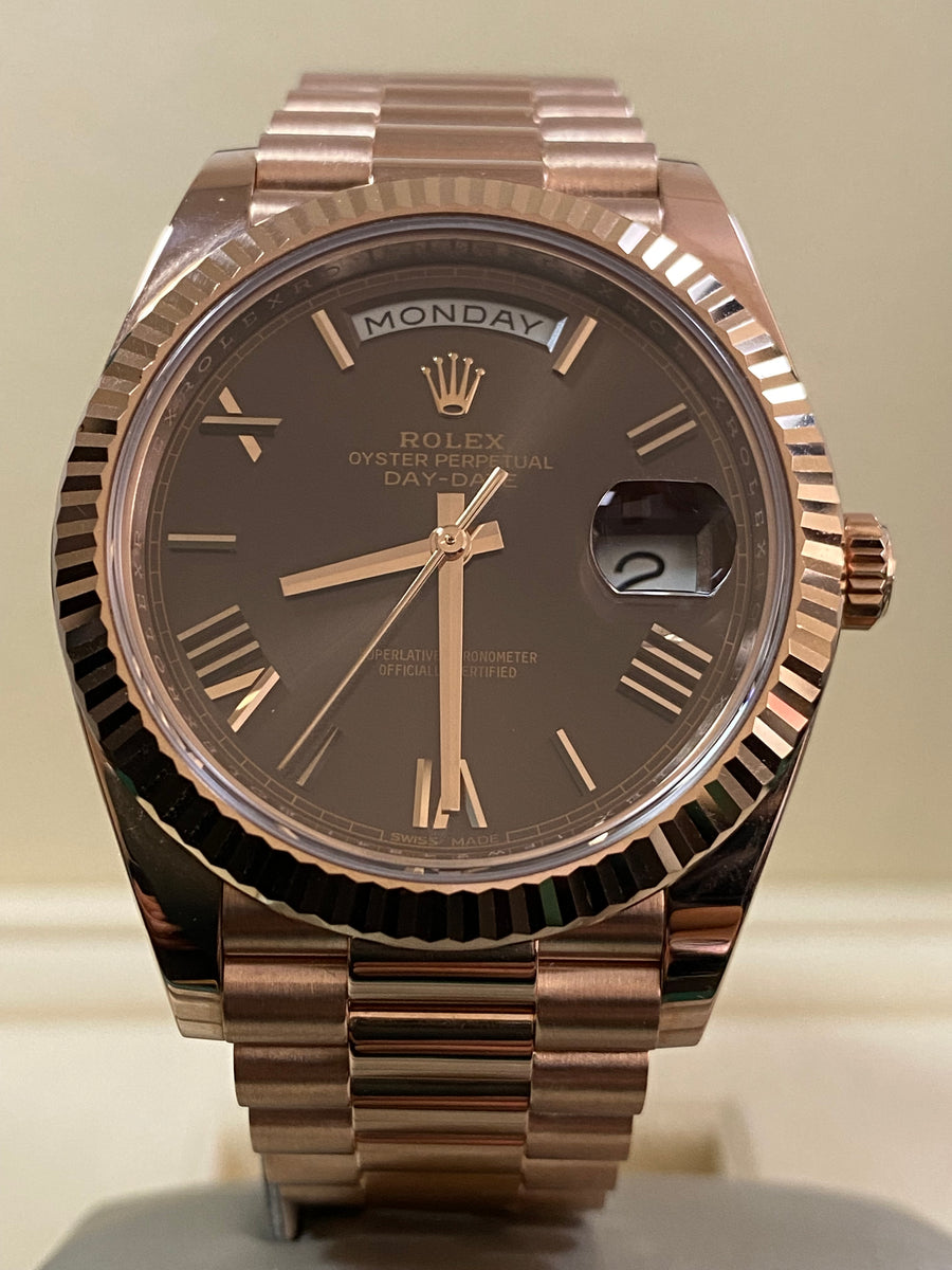 Rolex Everose Gold Day-Date 40 - 2016 - Fluted Bezel - Chocolate Roman Dial - President Bracelet - 228235 *UNPOLISHED*