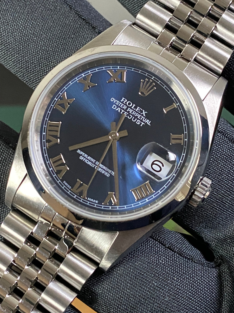 Rolex Steel Datejust 36 - P Serial - Smooth Bezel - Blue Roman Dial - Jubilee Bracelet - 16200