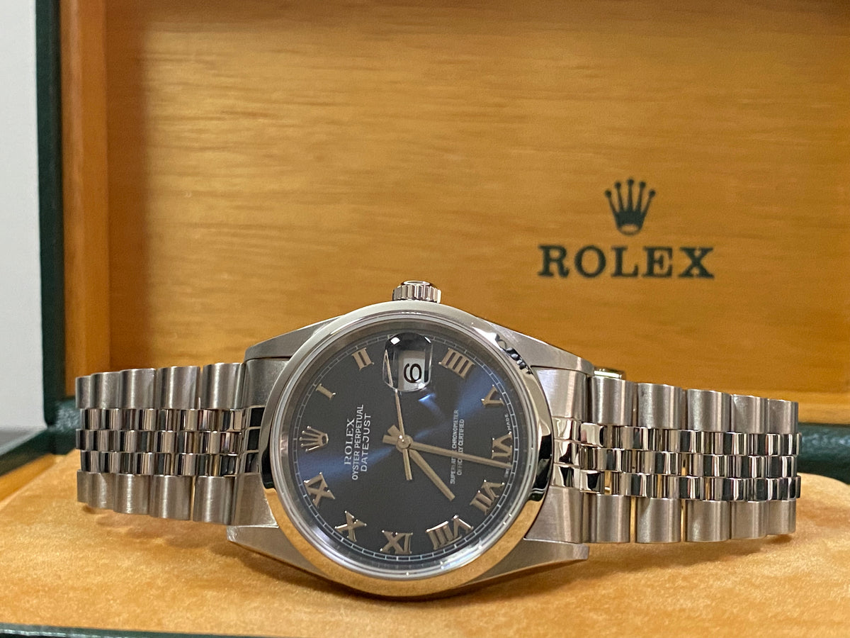 Rolex Steel Datejust 36 - P Serial - Smooth Bezel - Blue Roman Dial - Jubilee Bracelet - 16200