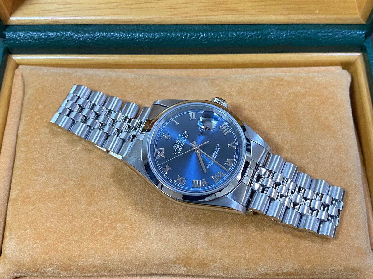 Rolex Steel Datejust 36 - P Serial - Smooth Bezel - Blue Roman Dial - Jubilee Bracelet - 16200